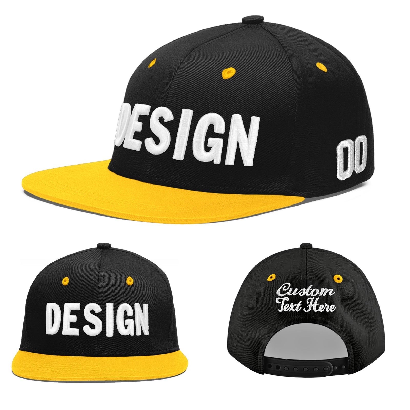 Custom Black Gold 3D Puff Embroidery Flat Embroidery Casual Sport Baseball Cap