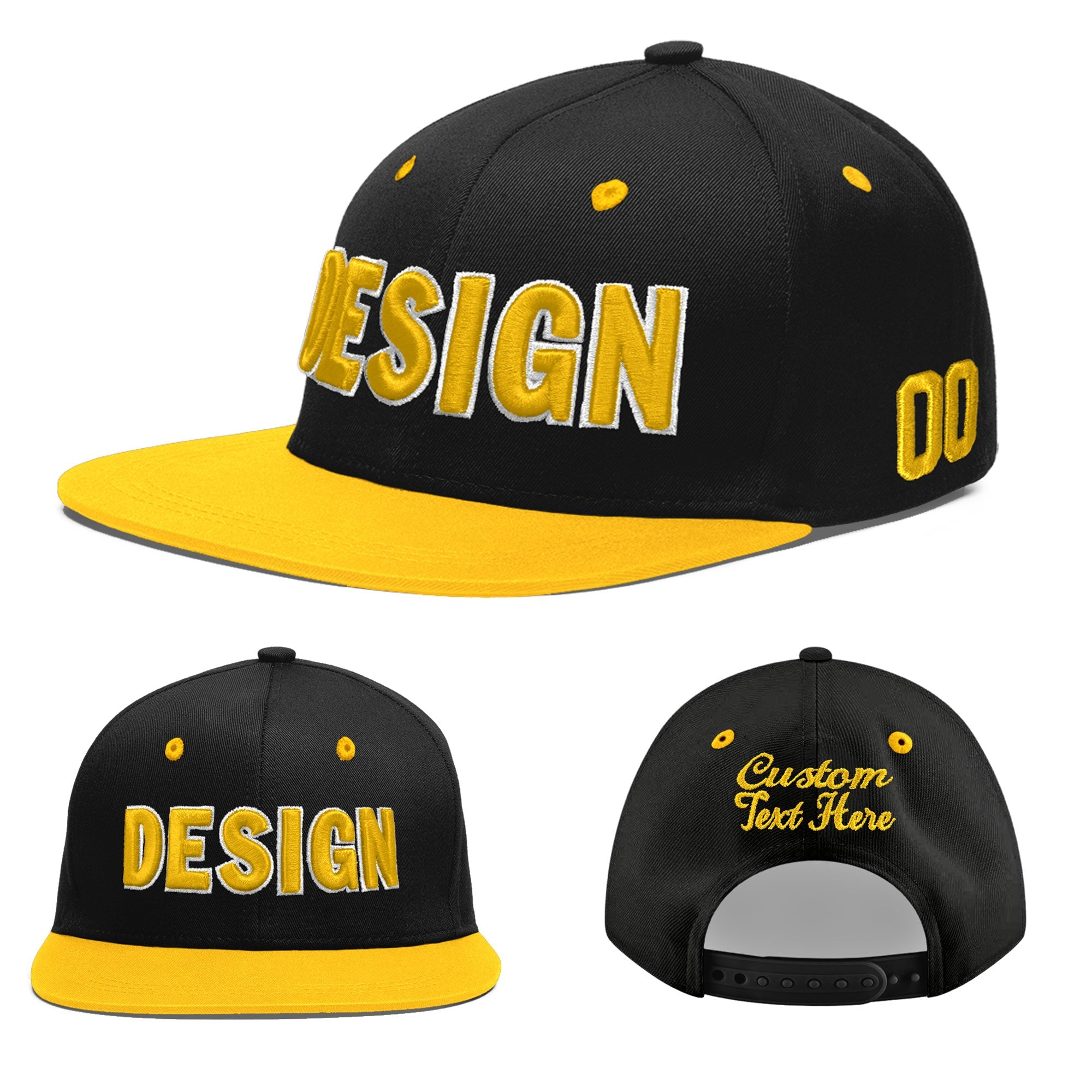 Custom Black Gold 3D Puff Embroidery Flat Embroidery Casual Sport Baseball Cap
