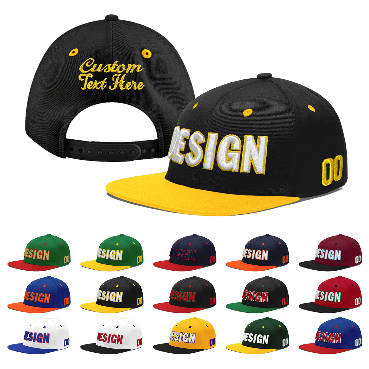 Custom Black Gold 3D Puff Embroidery Flat Embroidery Casual Sport Baseball Cap