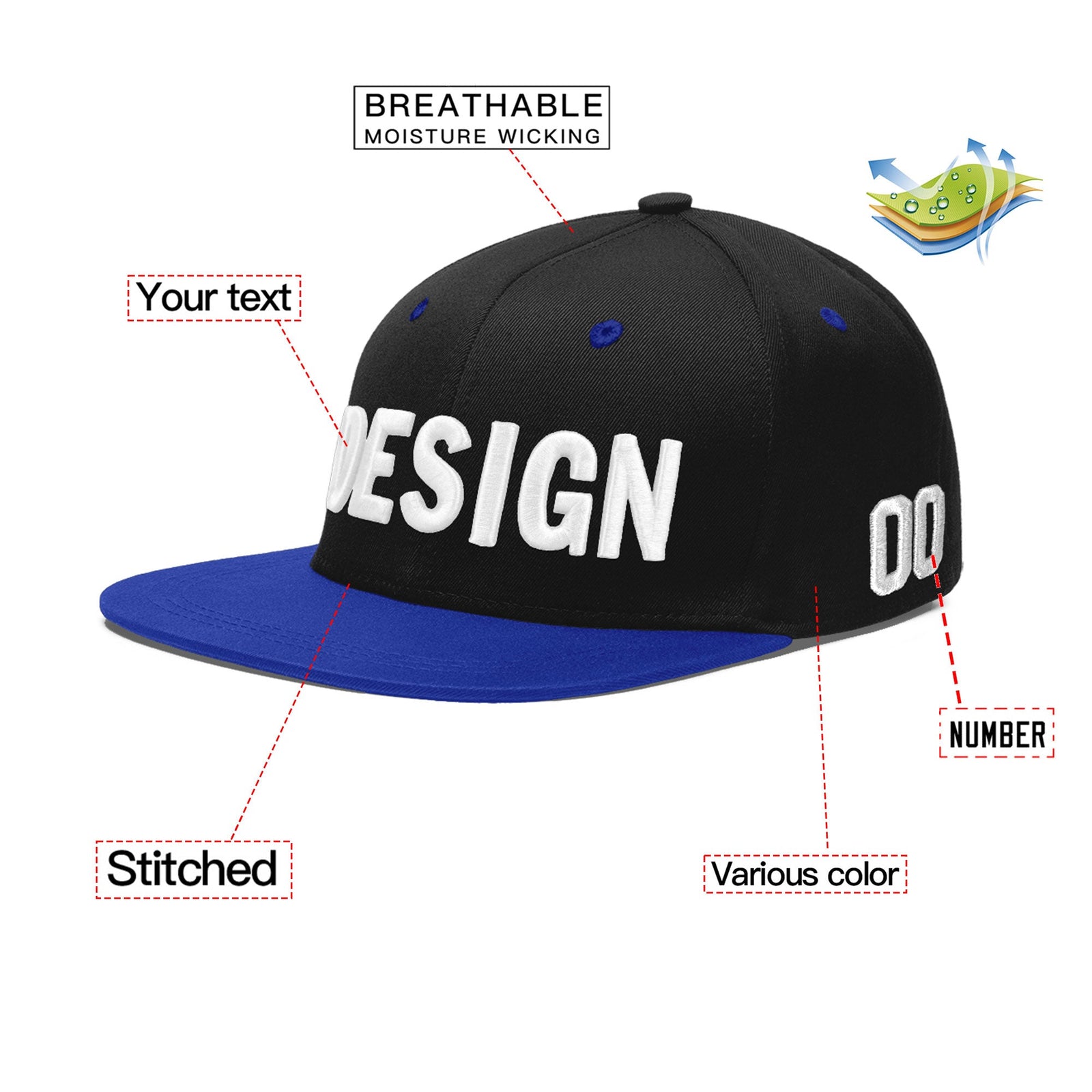 Custom Black Royal Blue 3D Puff Embroidery Flat Embroidery Casual Sport Baseball Cap
