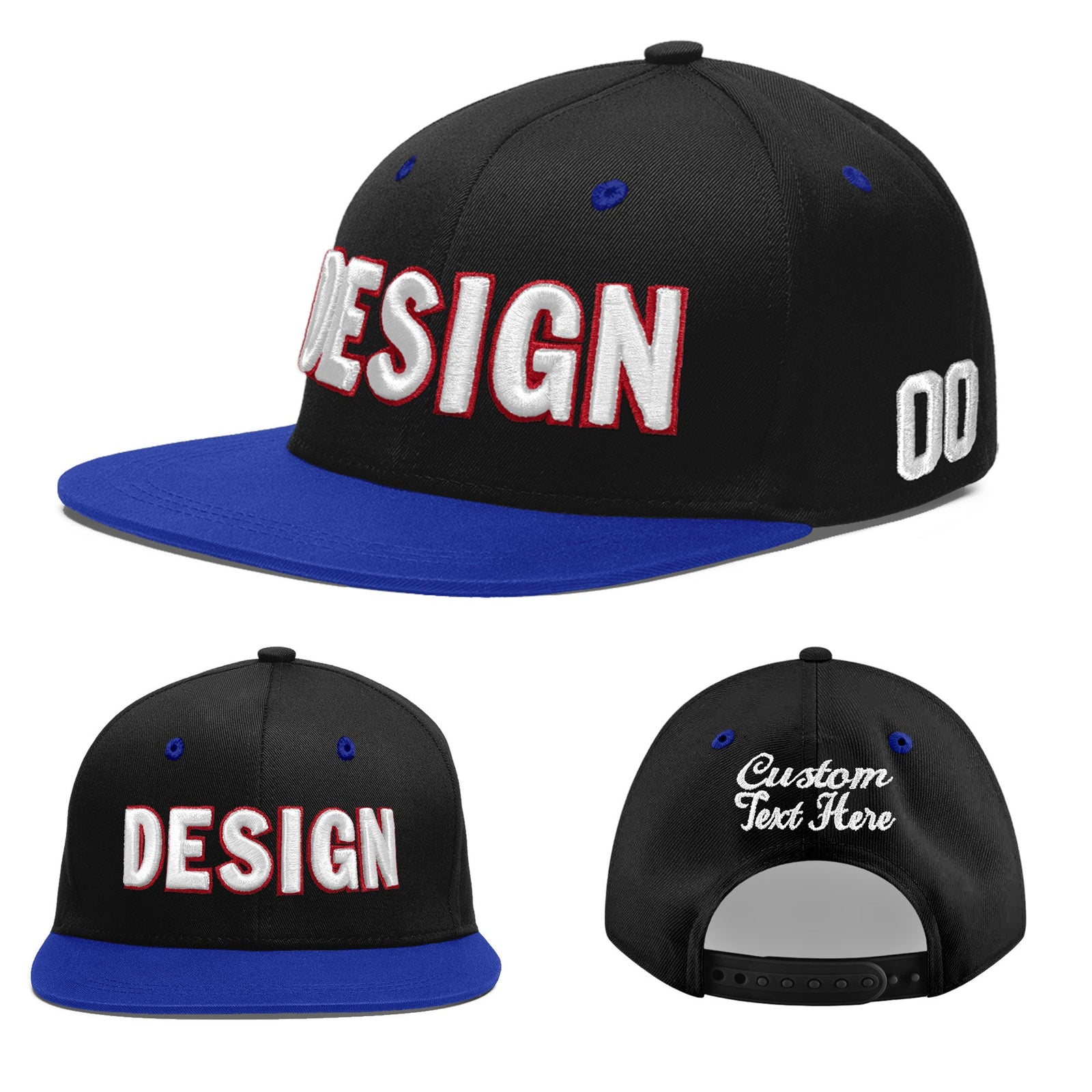 Custom Black Royal Blue 3D Puff Embroidery Flat Embroidery Casual Sport Baseball Cap