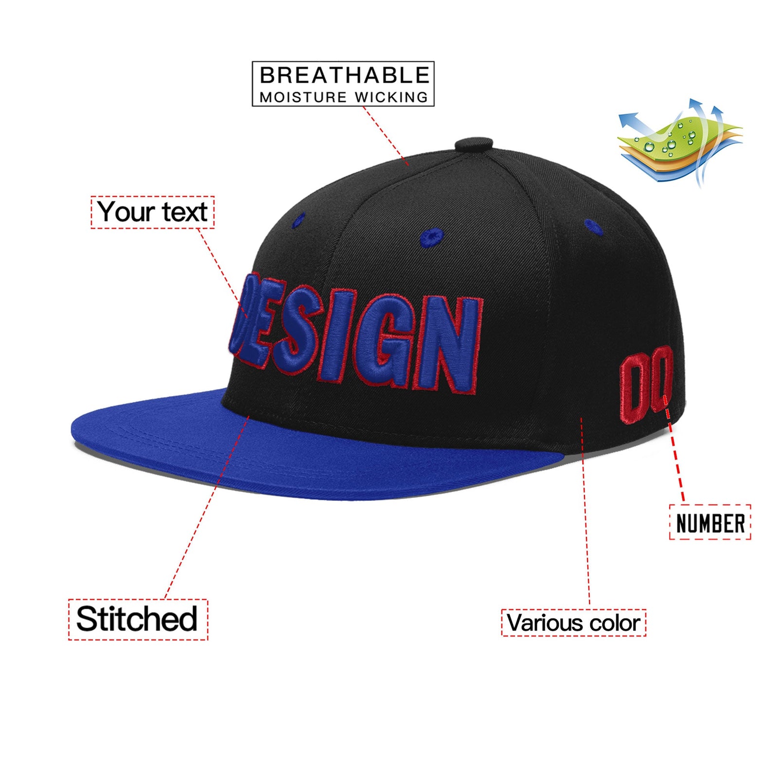 Custom Black Royal Blue 3D Puff Embroidery Flat Embroidery Casual Sport Baseball Cap