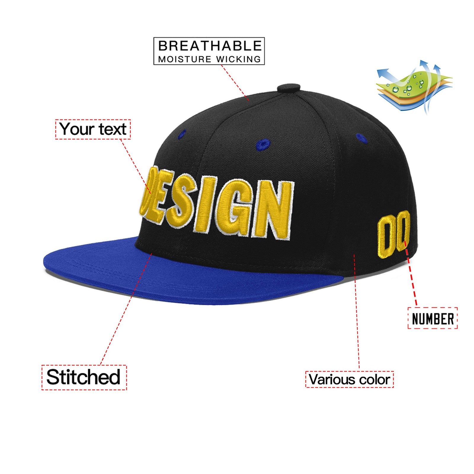 Custom Black Royal Blue 3D Puff Embroidery Flat Embroidery Casual Sport Baseball Cap