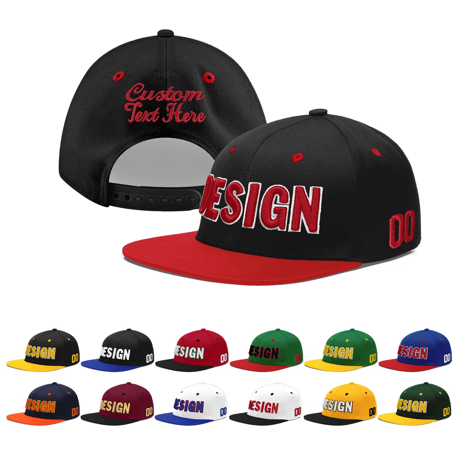 Custom Black Red 3D Puff Embroidery Flat Embroidery Casual Sport Baseball Cap