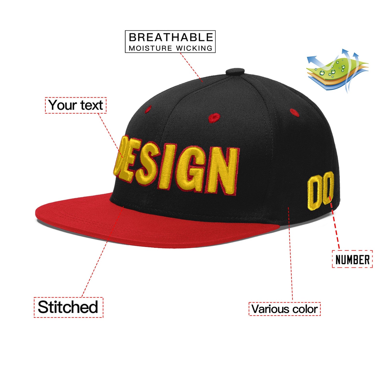 Custom Black Red 3D Puff Embroidery Flat Embroidery Casual Sport Baseball Cap