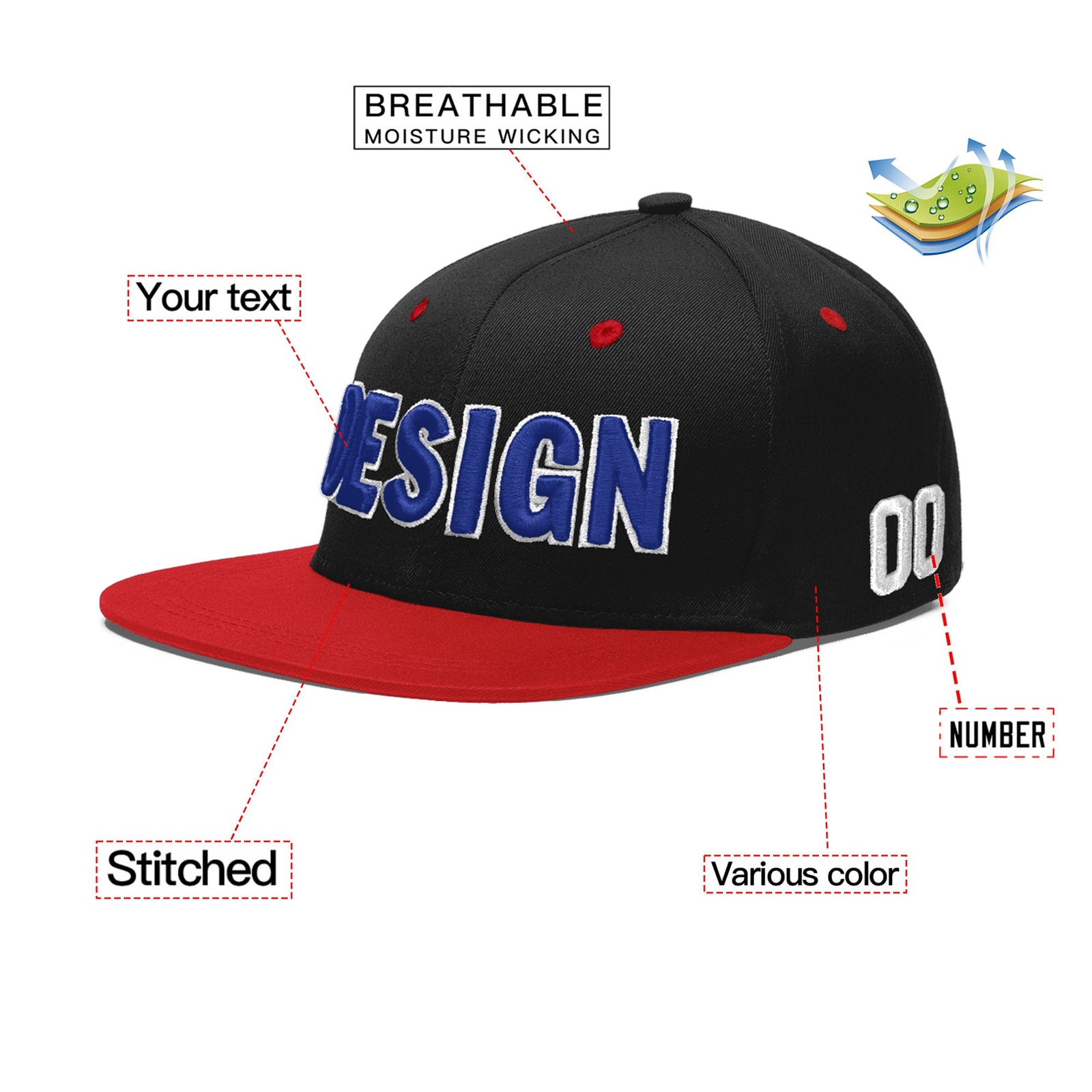 Custom Black Red 3D Puff Embroidery Flat Embroidery Casual Sport Baseball Cap