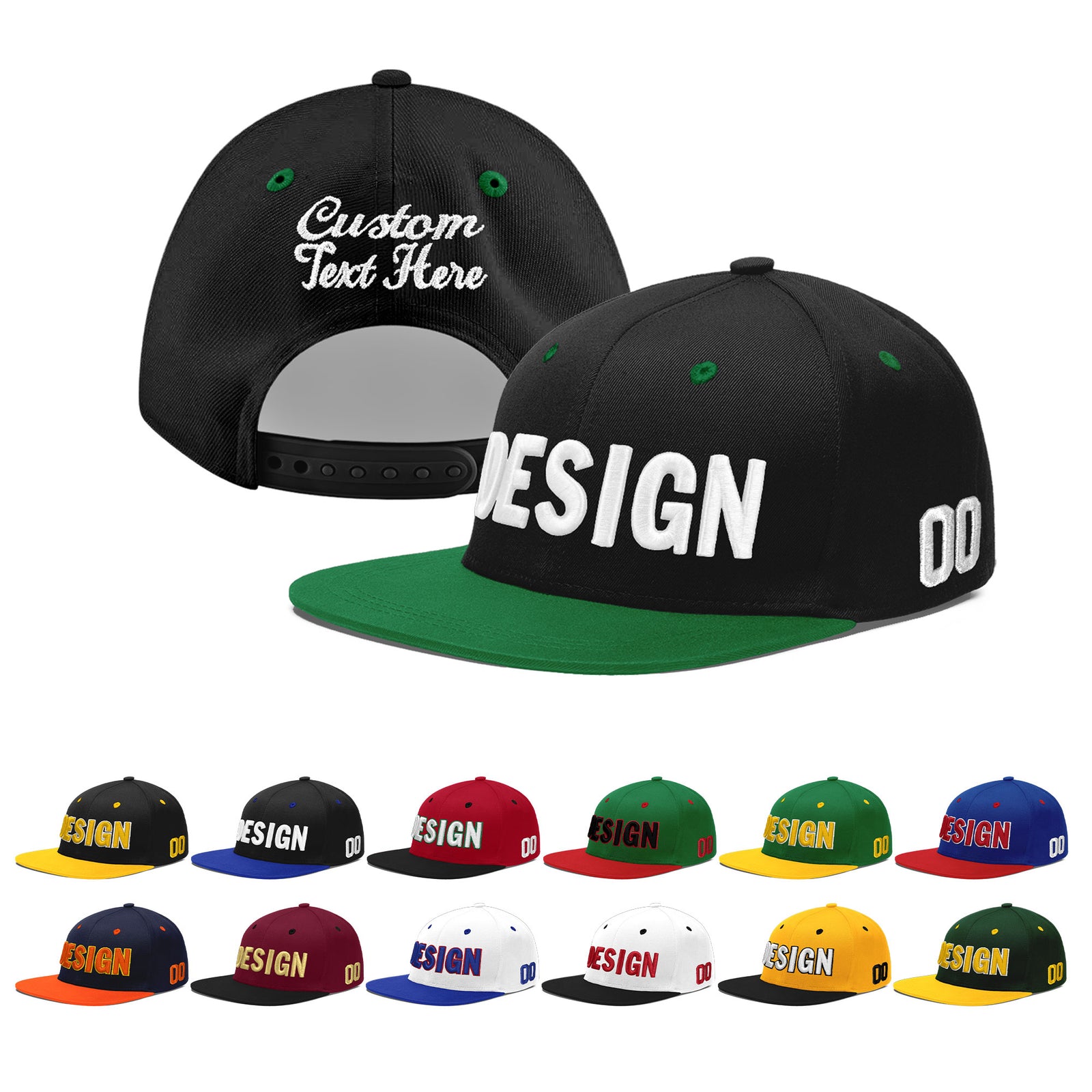 Custom Black Kelly Green 3D Puff Embroidery Flat Embroidery Casual Sport Baseball Cap