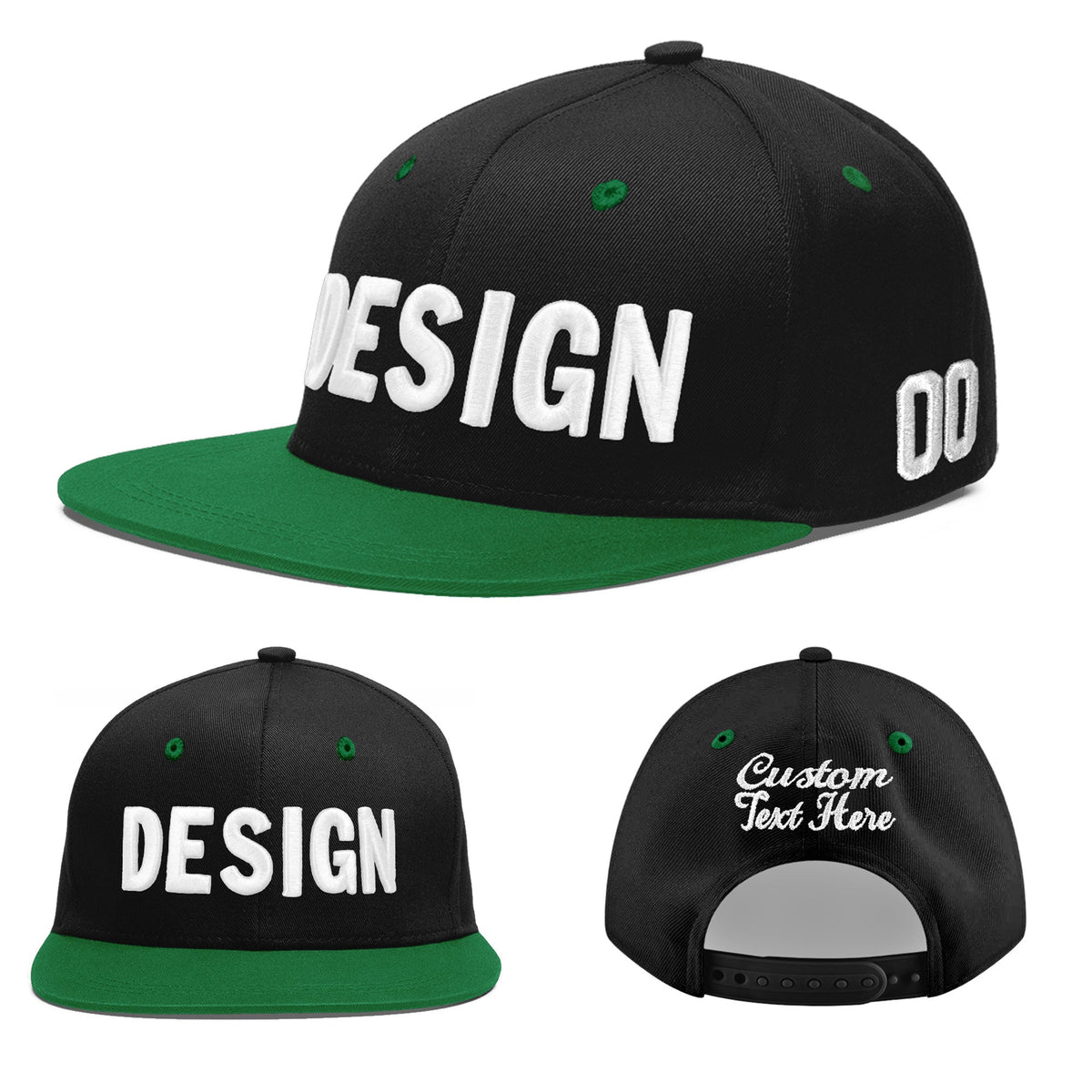 Custom Black Kelly Green 3D Puff Embroidery Flat Embroidery Casual Sport Baseball Cap