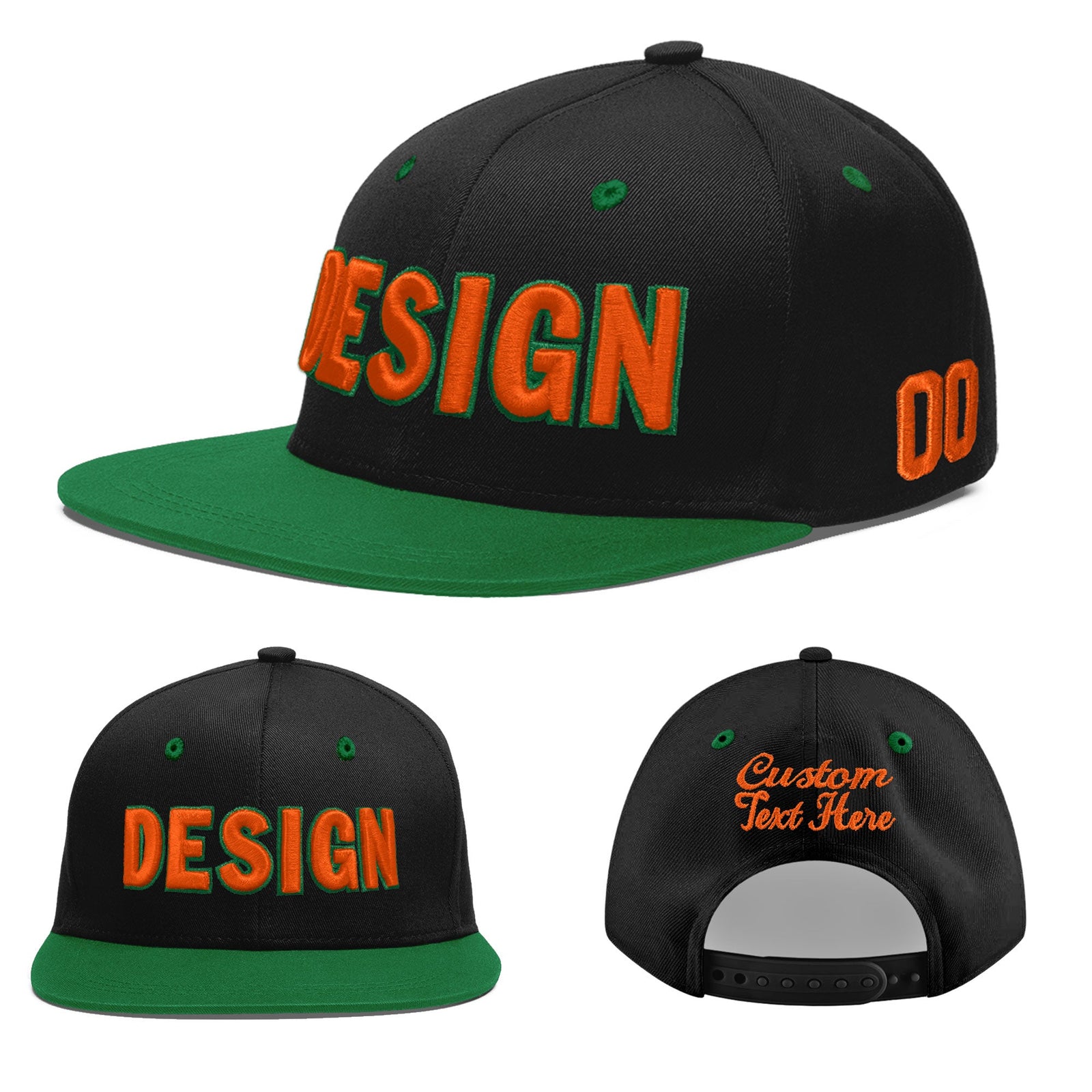Custom Black Kelly Green 3D Puff Embroidery Flat Embroidery Casual Sport Baseball Cap
