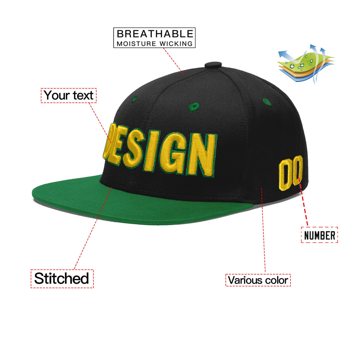 Custom Black Kelly Green 3D Puff Embroidery Flat Embroidery Casual Sport Baseball Cap
