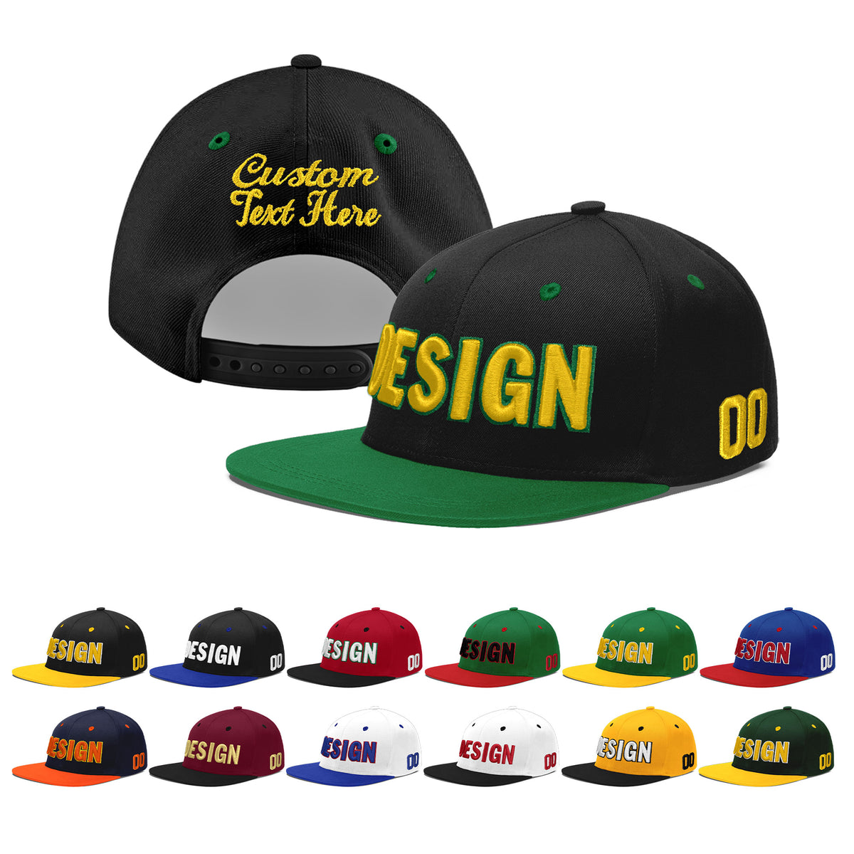 Custom Black Kelly Green 3D Puff Embroidery Flat Embroidery Casual Sport Baseball Cap
