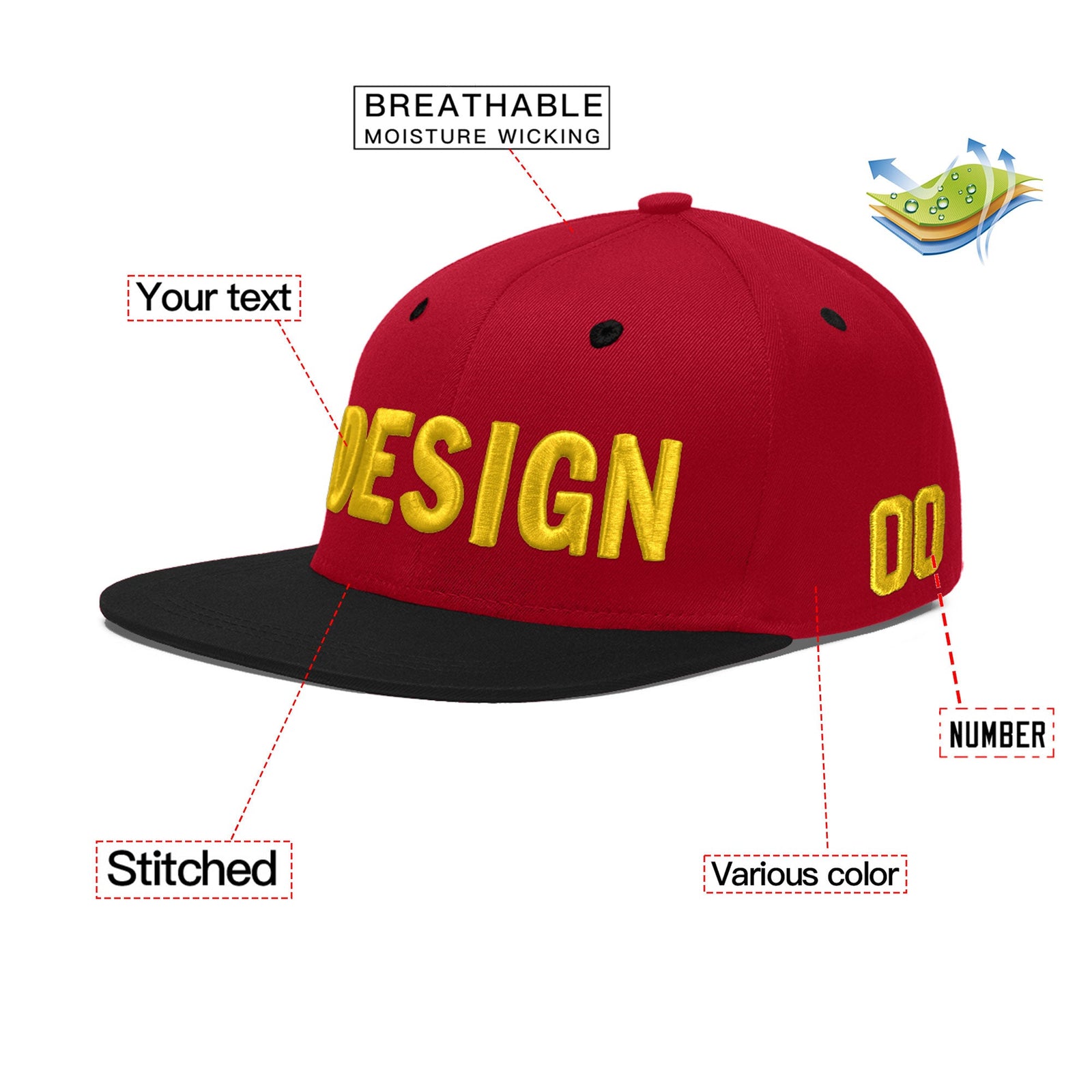 Custom Red Black 3D Puff Embroidery Flat Embroidery Casual Sport Baseball Cap