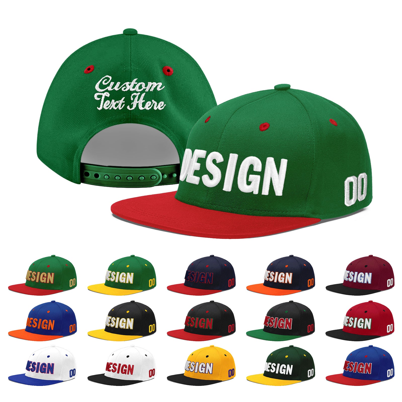 Custom Kelly Green Red 3D Puff Embroidery Flat Embroidery Casual Sport Baseball Cap