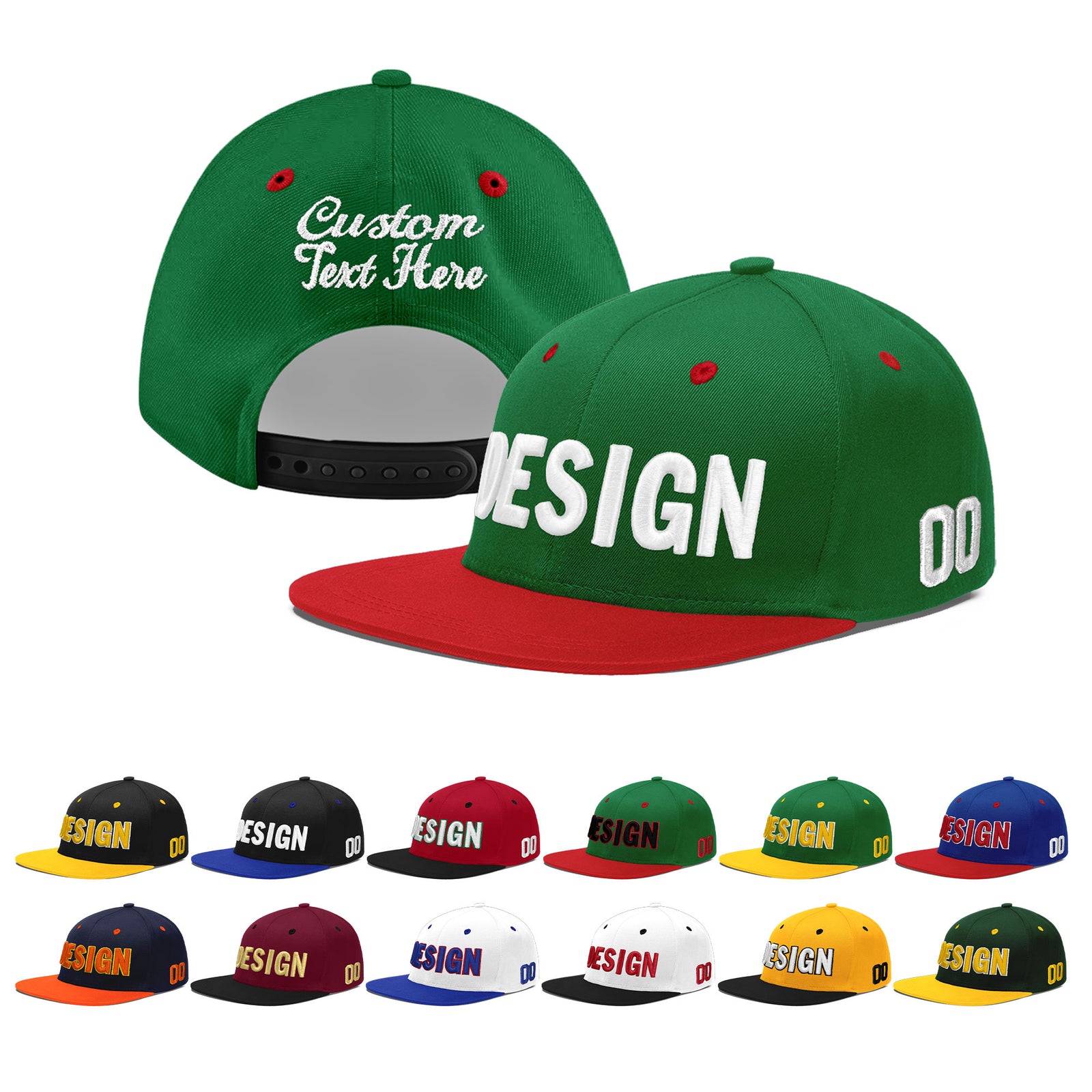 Custom Kelly Green Red 3D Puff Embroidery Flat Embroidery Casual Sport Baseball Cap