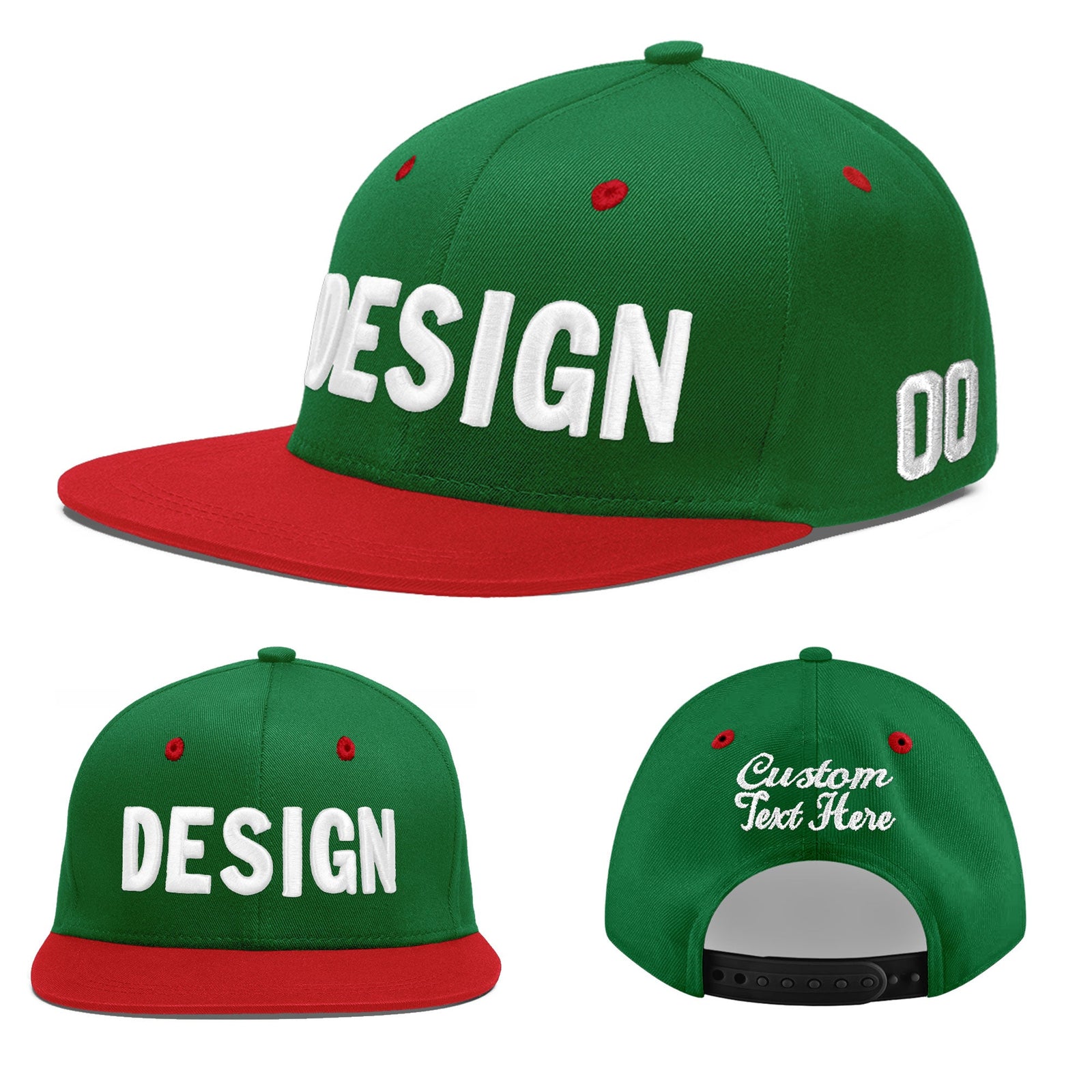 Custom Kelly Green Red 3D Puff Embroidery Flat Embroidery Casual Sport Baseball Cap