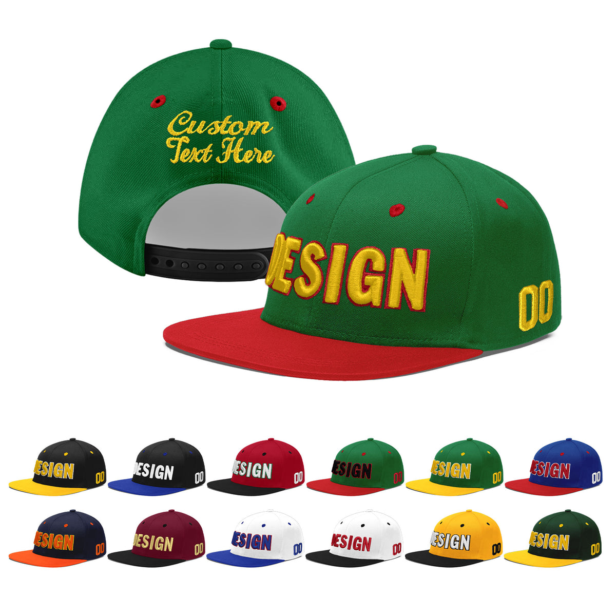 Custom Kelly Green Red 3D Puff Embroidery Flat Embroidery Casual Sport Baseball Cap