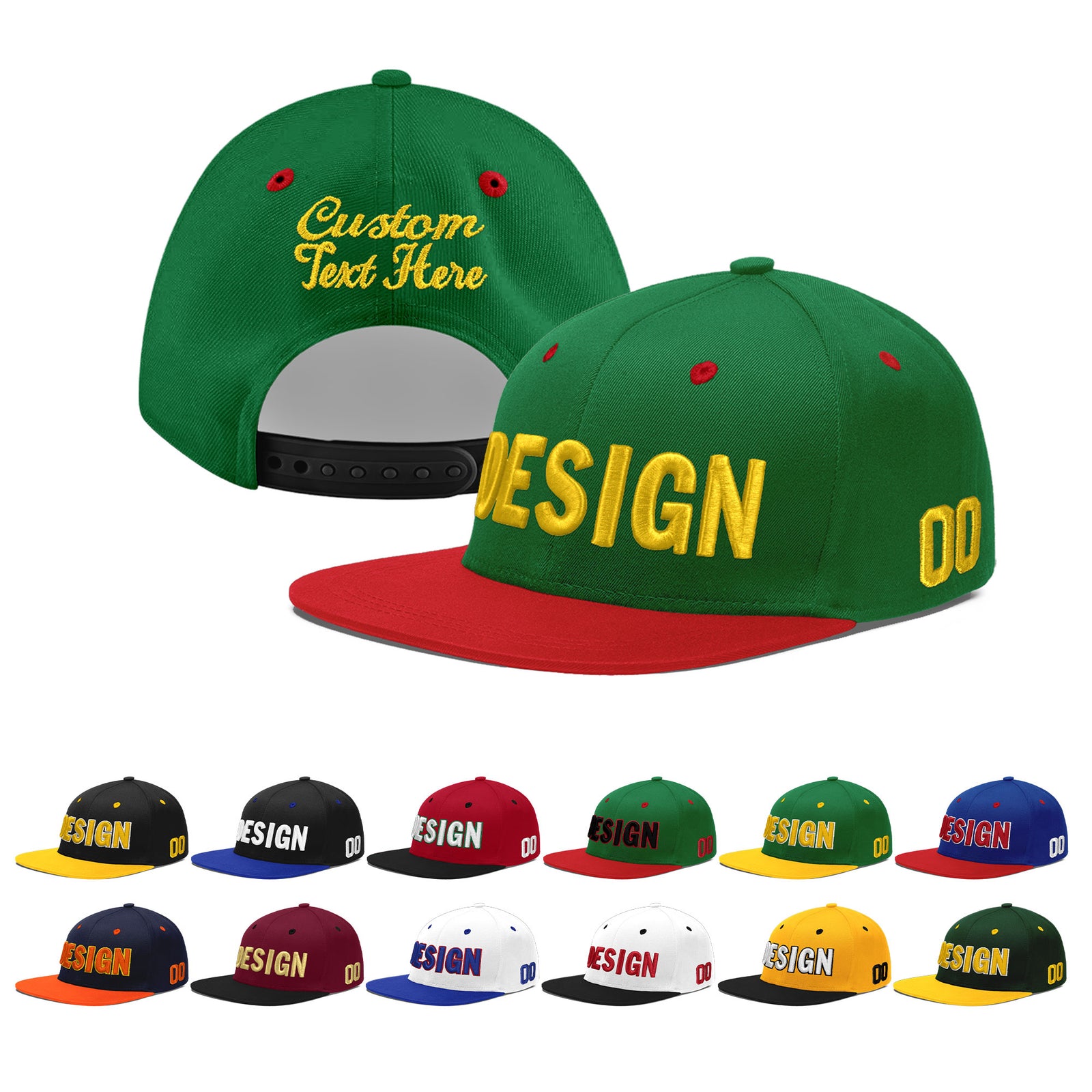 Custom Kelly Green Red 3D Puff Embroidery Flat Embroidery Casual Sport Baseball Cap