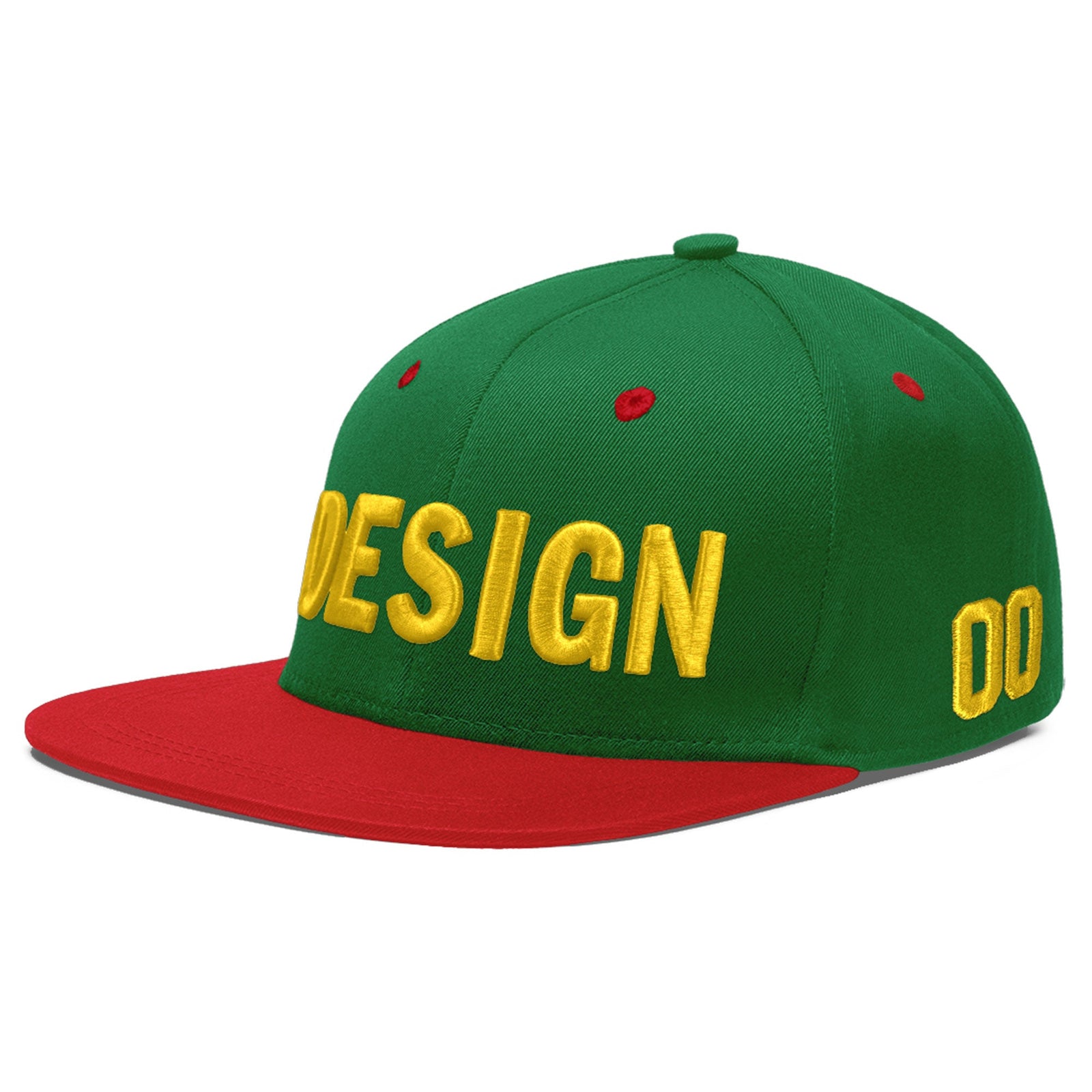 Custom Kelly Green Red 3D Puff Embroidery Flat Embroidery Casual Sport Baseball Cap
