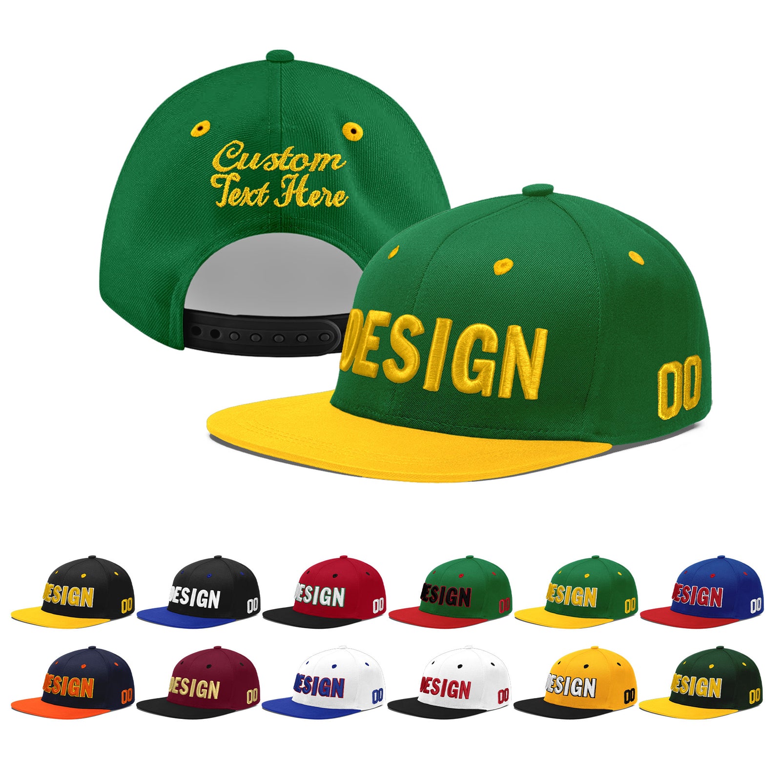 Custom Kelly Green Gold 3D Puff Embroidery Flat Embroidery Casual Sport Baseball Cap