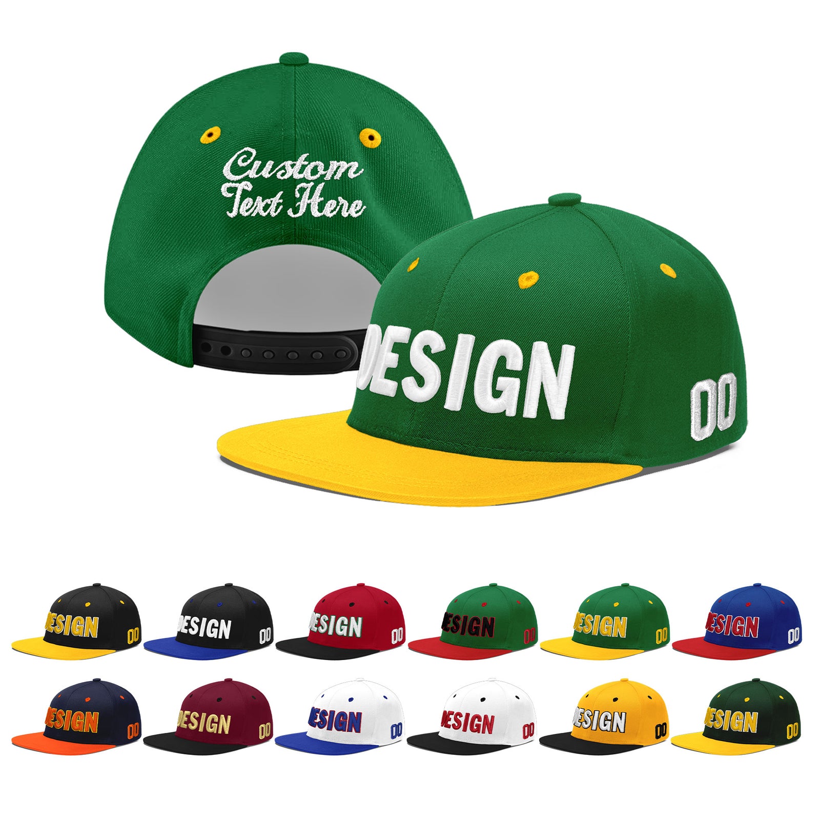Custom Kelly Green Gold 3D Puff Embroidery Flat Embroidery Casual Sport Baseball Cap