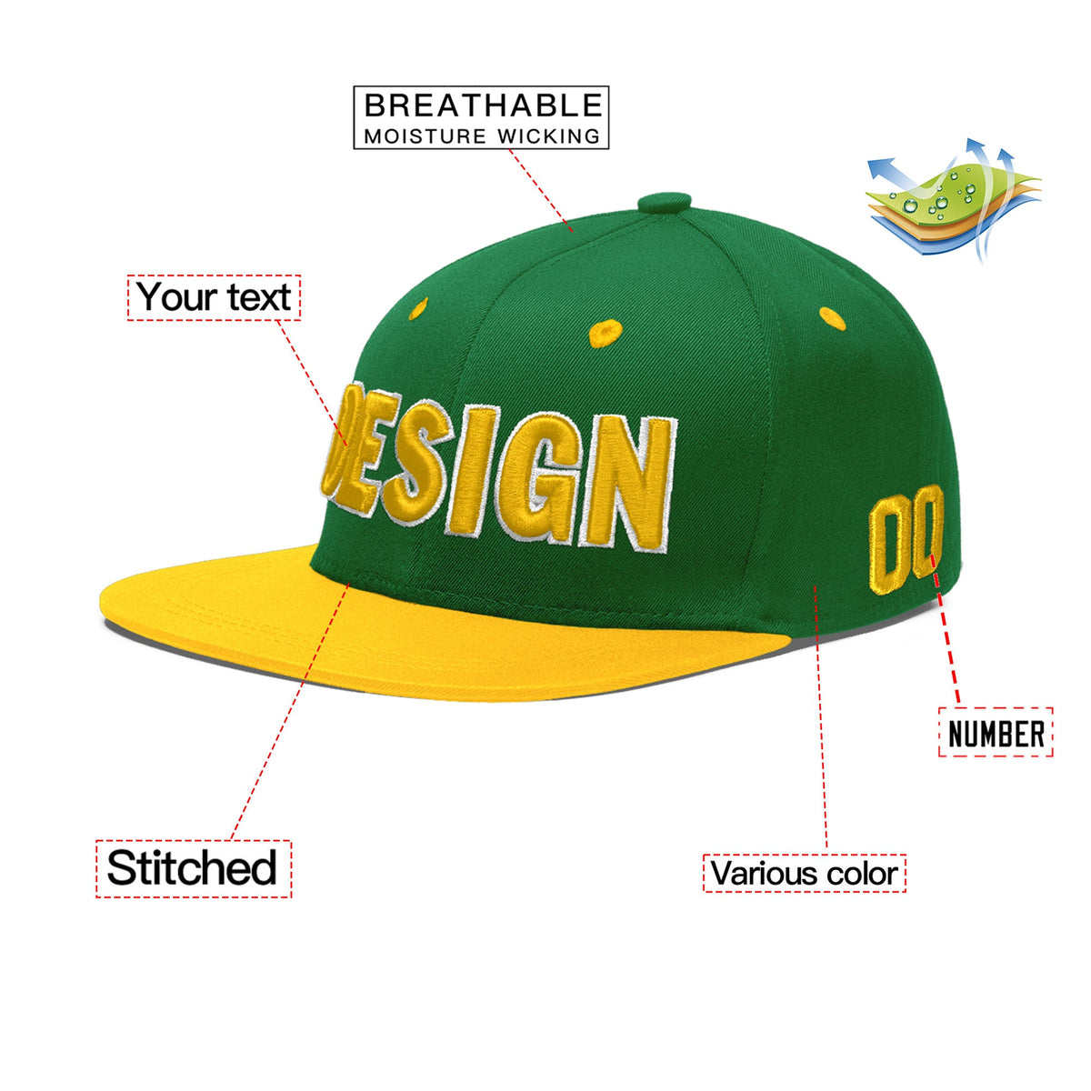 Custom Kelly Green Gold 3D Puff Embroidery Flat Embroidery Casual Sport Baseball Cap