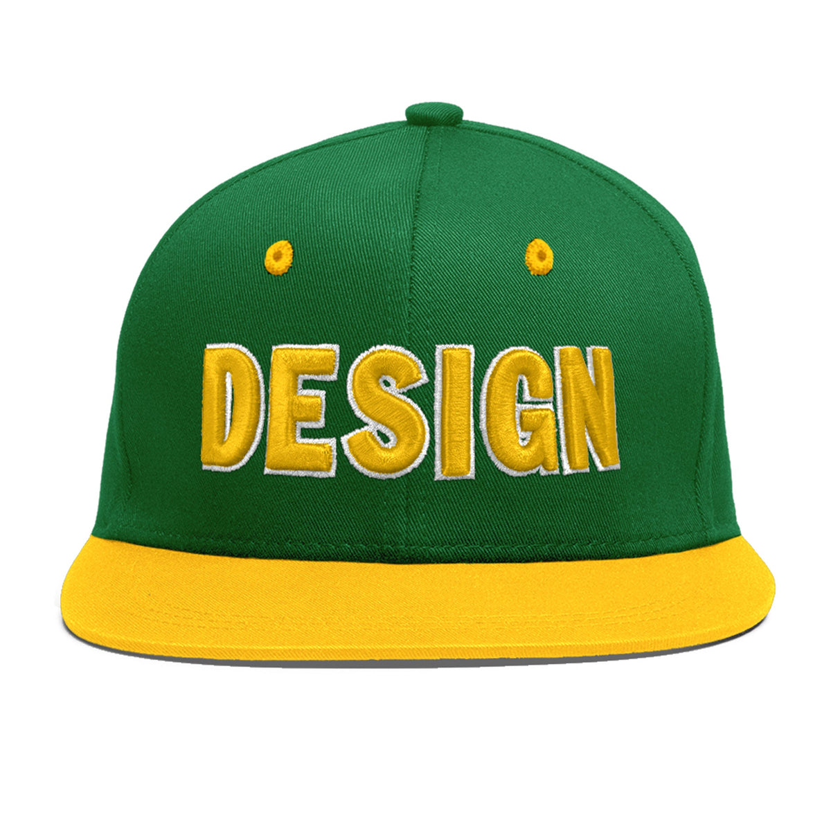 Custom Kelly Green Gold 3D Puff Embroidery Flat Embroidery Casual Sport Baseball Cap