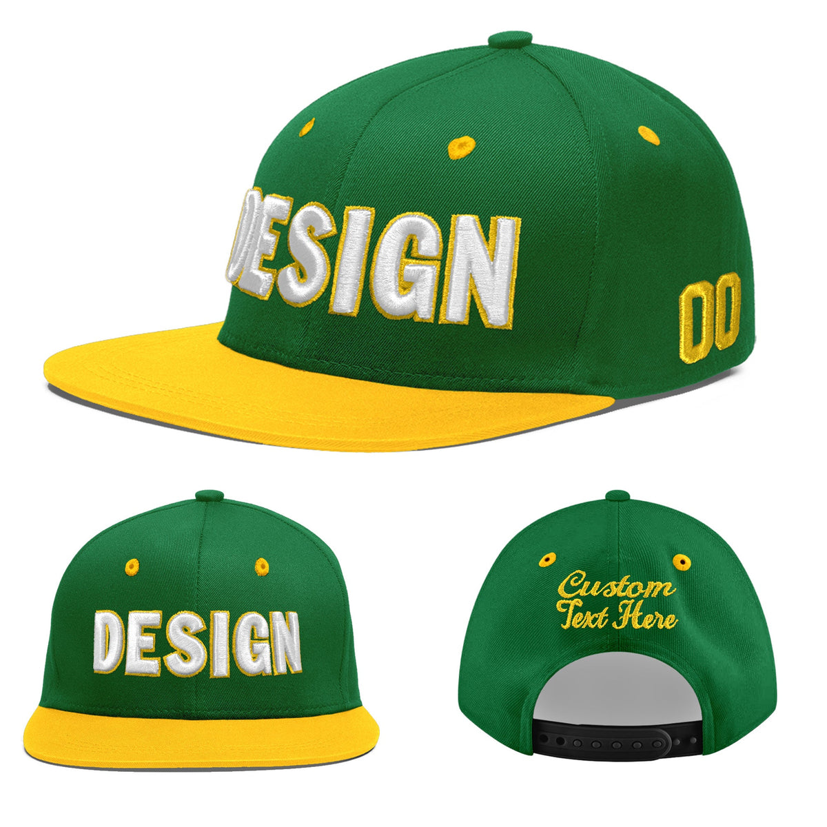 Custom Kelly Green Gold 3D Puff Embroidery Flat Embroidery Casual Sport Baseball Cap