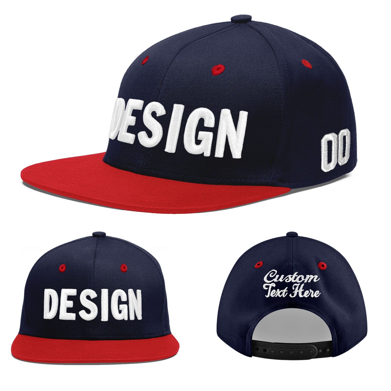 Custom Navy Red 3D Puff Embroidery Flat Embroidery Casual Sport Baseball Cap