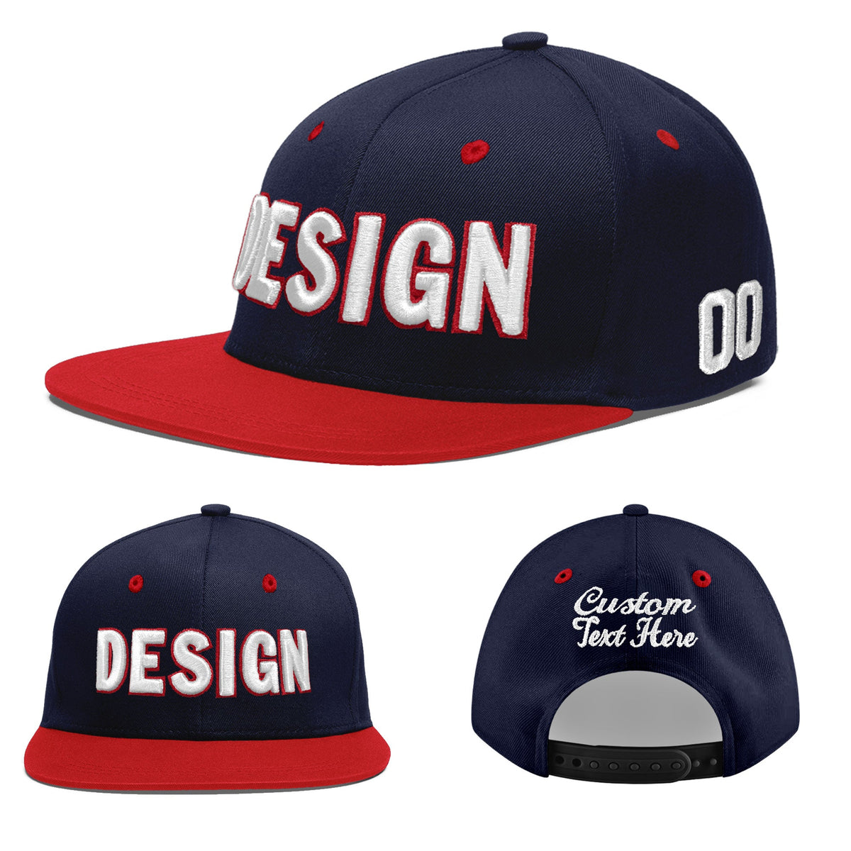 Custom Navy Red 3D Puff Embroidery Flat Embroidery Casual Sport Baseball Cap