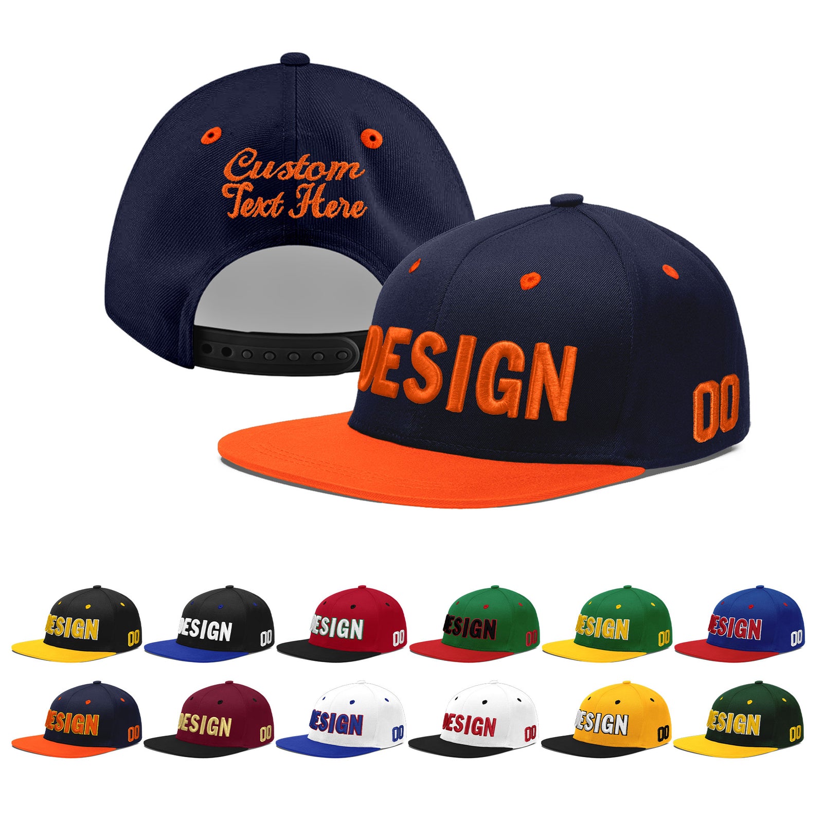 Custom Navy Orange 3D Puff Embroidery Flat Embroidery Casual Sport Baseball Cap