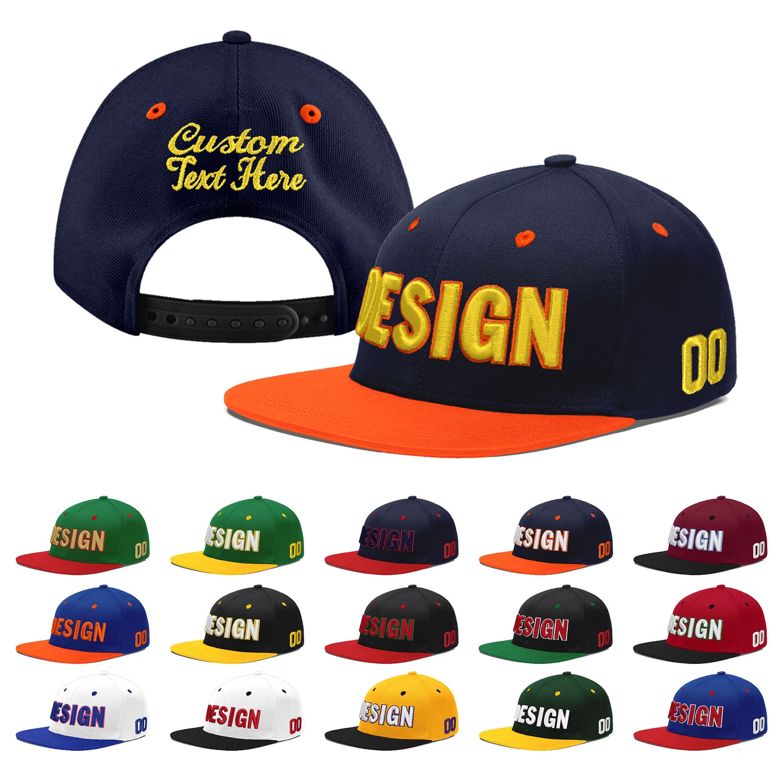 Custom Navy Orange 3D Puff Embroidery Flat Embroidery Casual Sport Baseball Cap