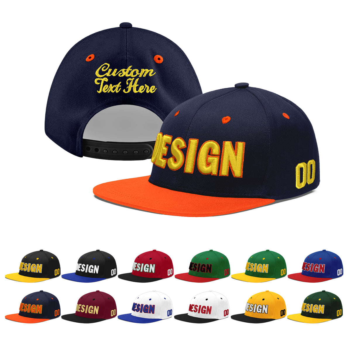 Custom Navy Orange 3D Puff Embroidery Flat Embroidery Casual Sport Baseball Cap