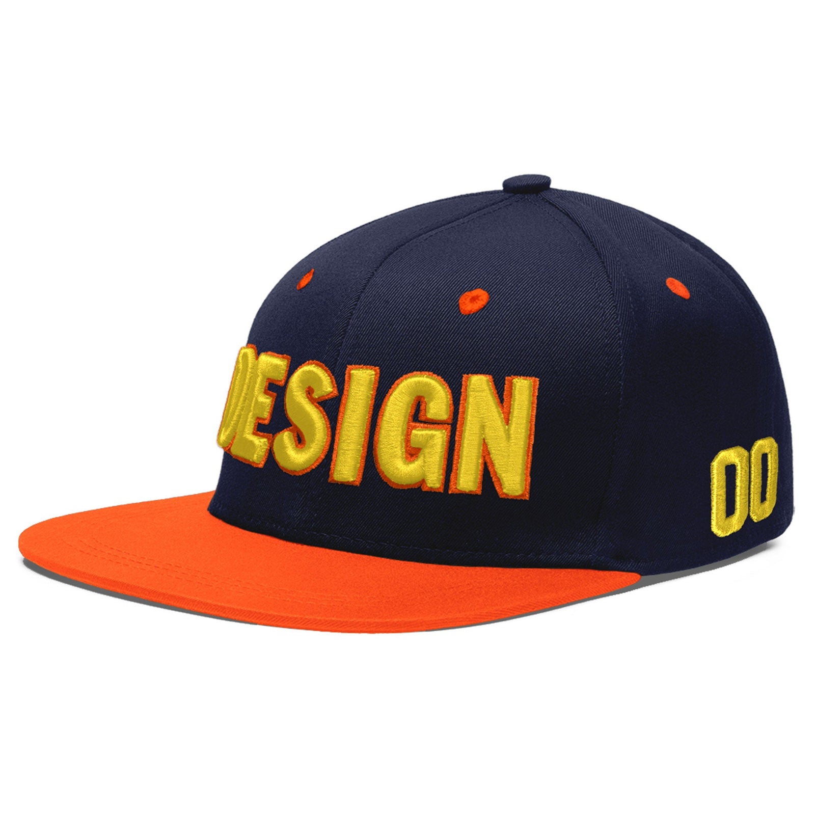 Custom Navy Orange 3D Puff Embroidery Flat Embroidery Casual Sport Baseball Cap