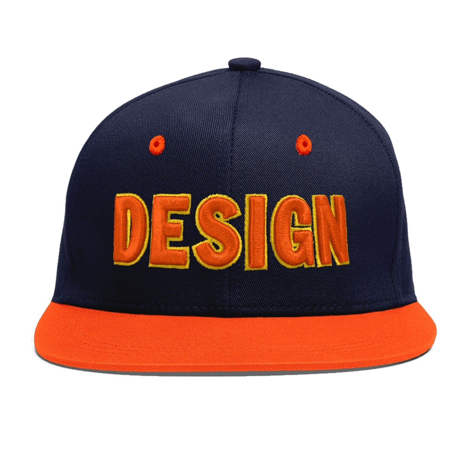 Custom Navy Orange 3D Puff Embroidery Flat Embroidery Casual Sport Baseball Cap