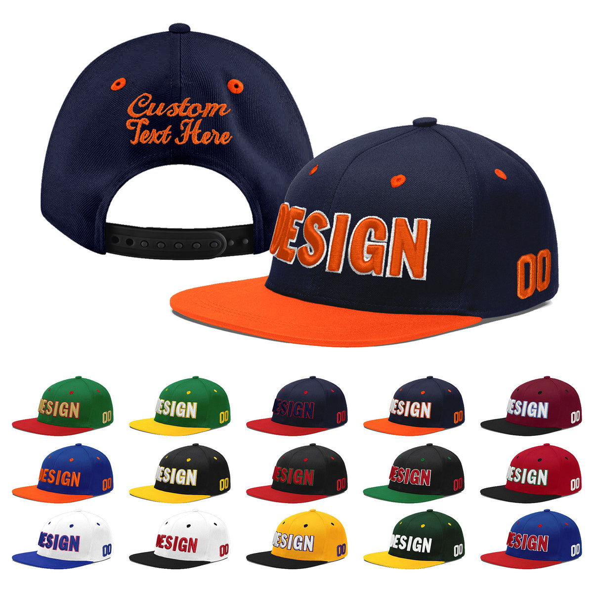 Custom Navy Orange 3D Puff Embroidery Flat Embroidery Casual Sport Baseball Cap