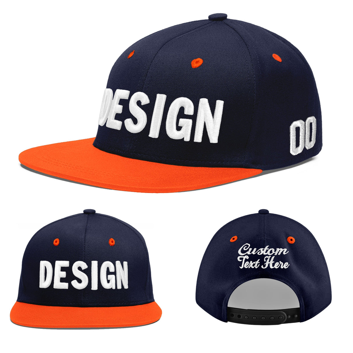 Custom Navy Orange 3D Puff Embroidery Flat Embroidery Casual Sport Baseball Cap