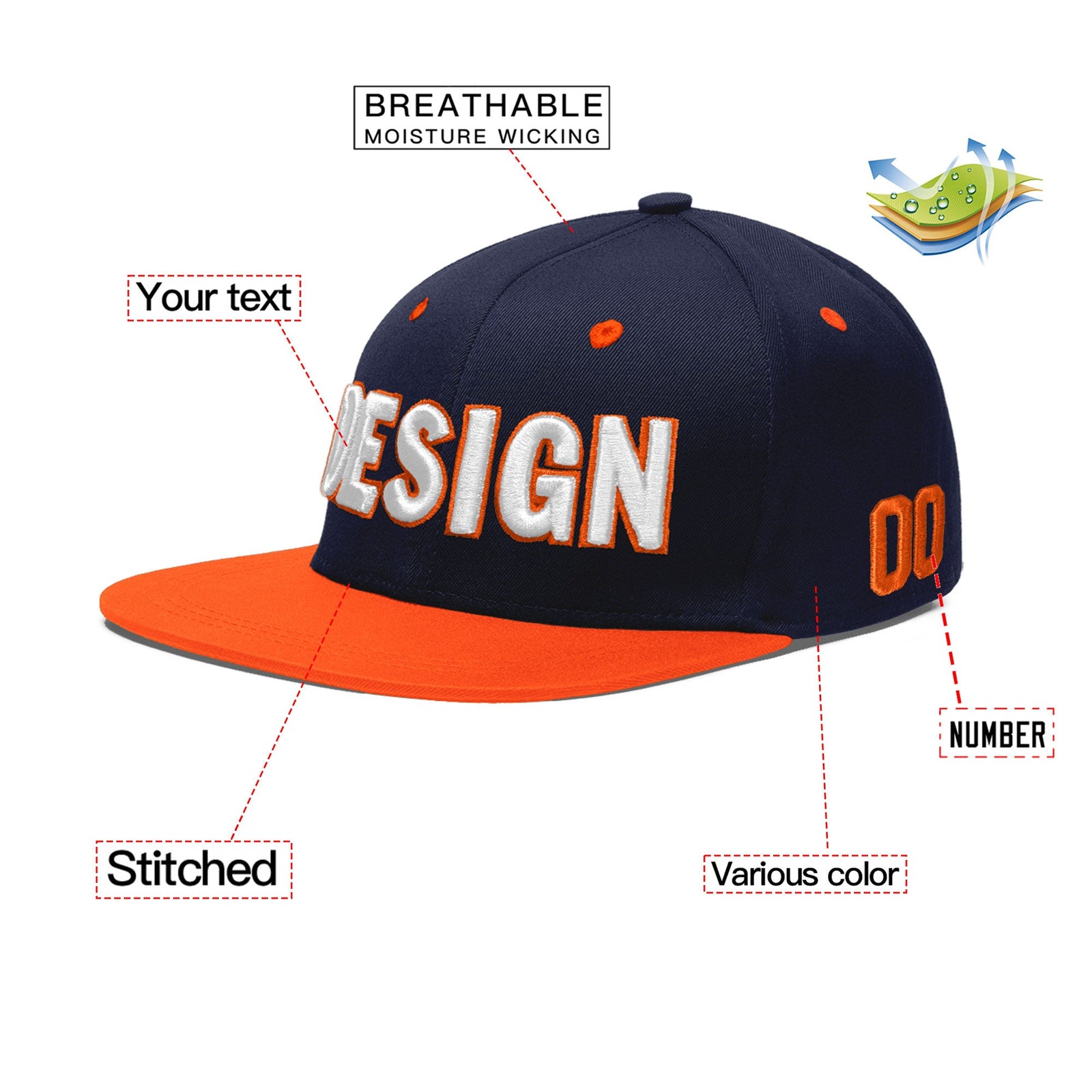 Custom Navy Orange 3D Puff Embroidery Flat Embroidery Casual Sport Baseball Cap