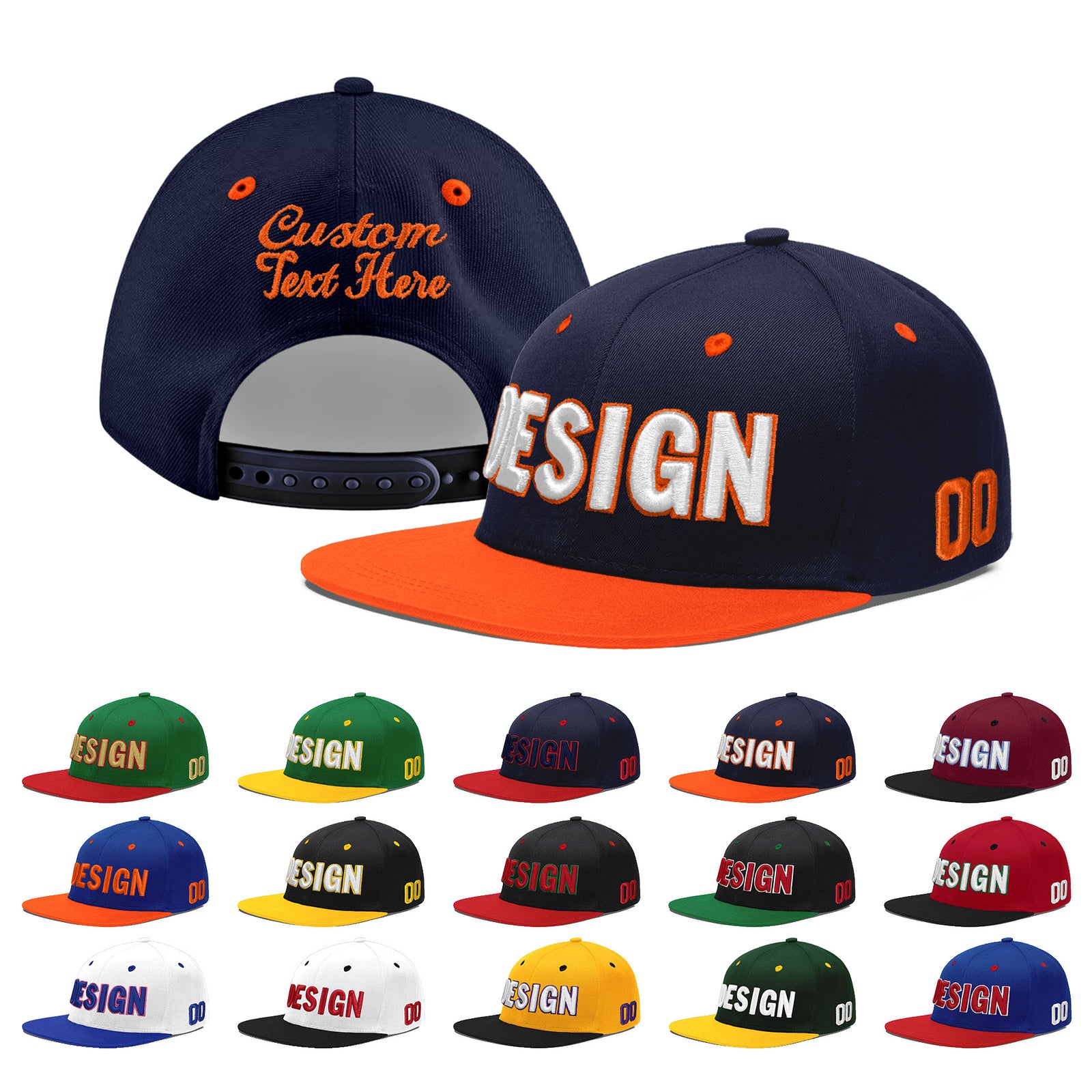 Custom Navy Orange 3D Puff Embroidery Flat Embroidery Casual Sport Baseball Cap