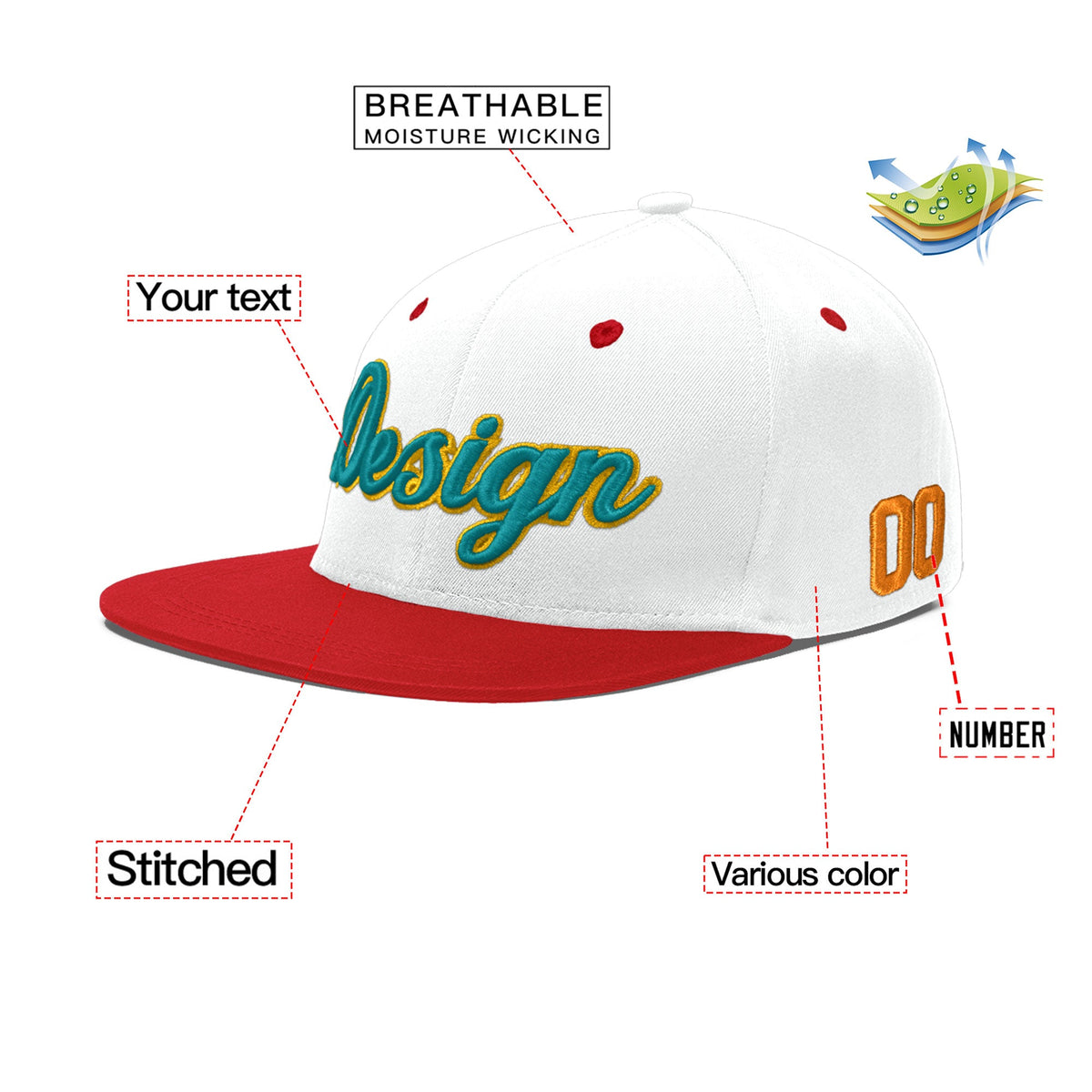 Custom White Red 3D Puff Embroidery Flat Embroidery Casual Sport Hats| KXKSHOP