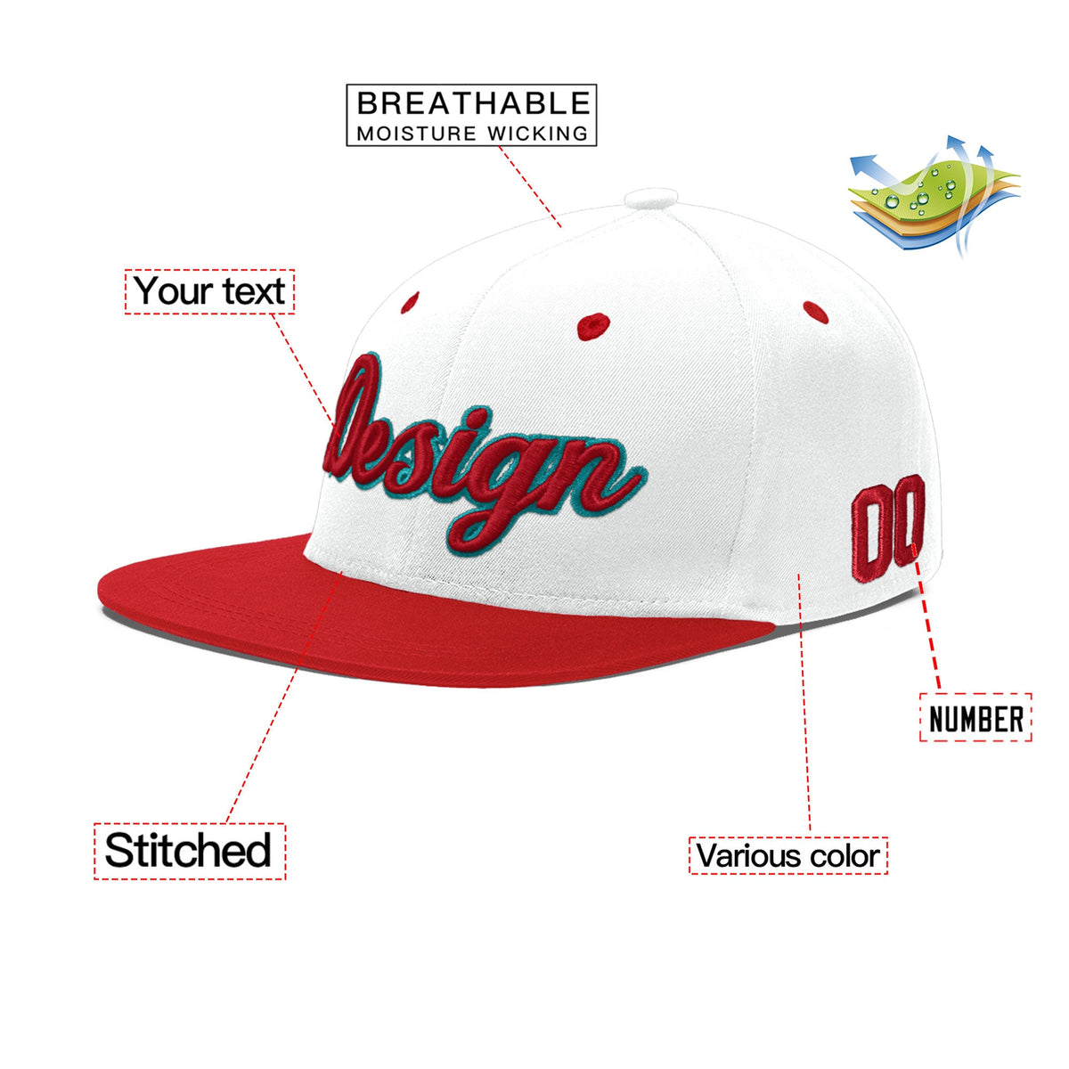 Custom White Red 3D Puff Embroidery Flat Embroidery Casual Sport Hats| KXKSHOP
