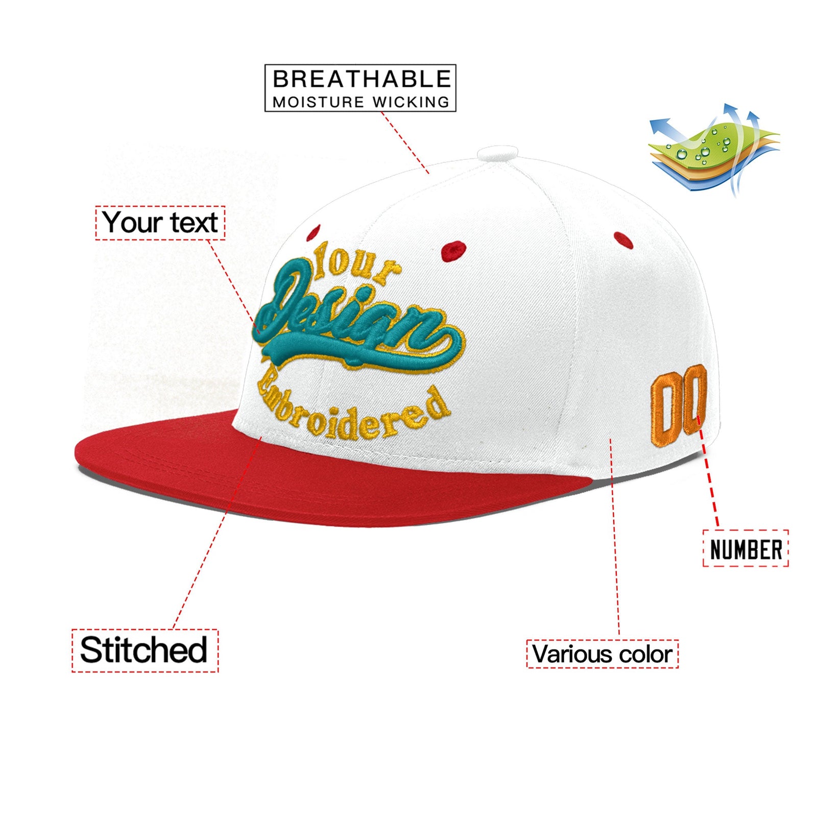 Custom White Red 3D Puff Embroidery Flat Embroidery Casual Sport Hats| KXKSHOP