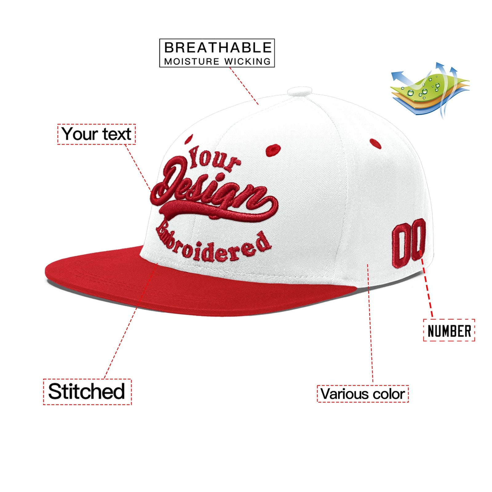 Custom White Red 3D Puff Embroidery Flat Embroidery Casual Sport Hats| KXKSHOP