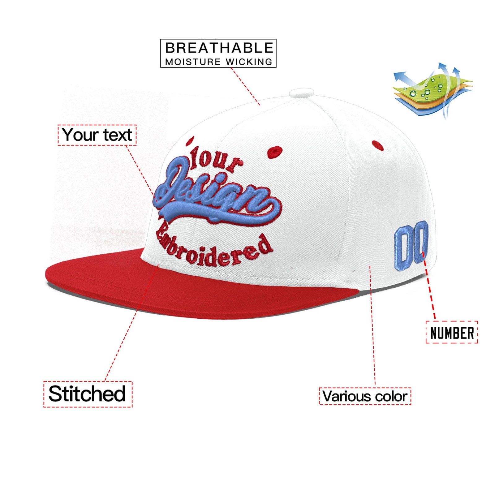 Custom White Red 3D Puff Embroidery Flat Embroidery Casual Sport Hats| KXKSHOP