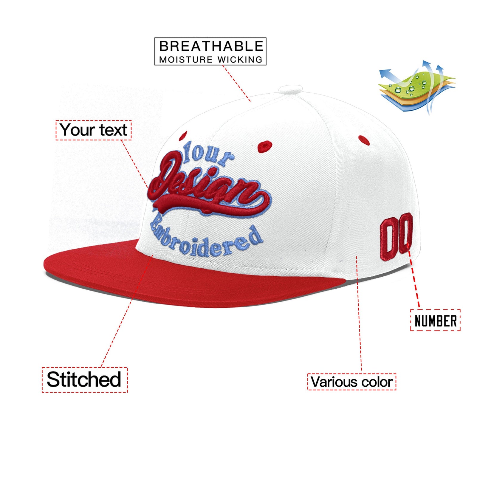 Custom White Red Light Blue 3D Puff Embroidery Flat Embroidery Casual Sport Hats| KXKSHOP