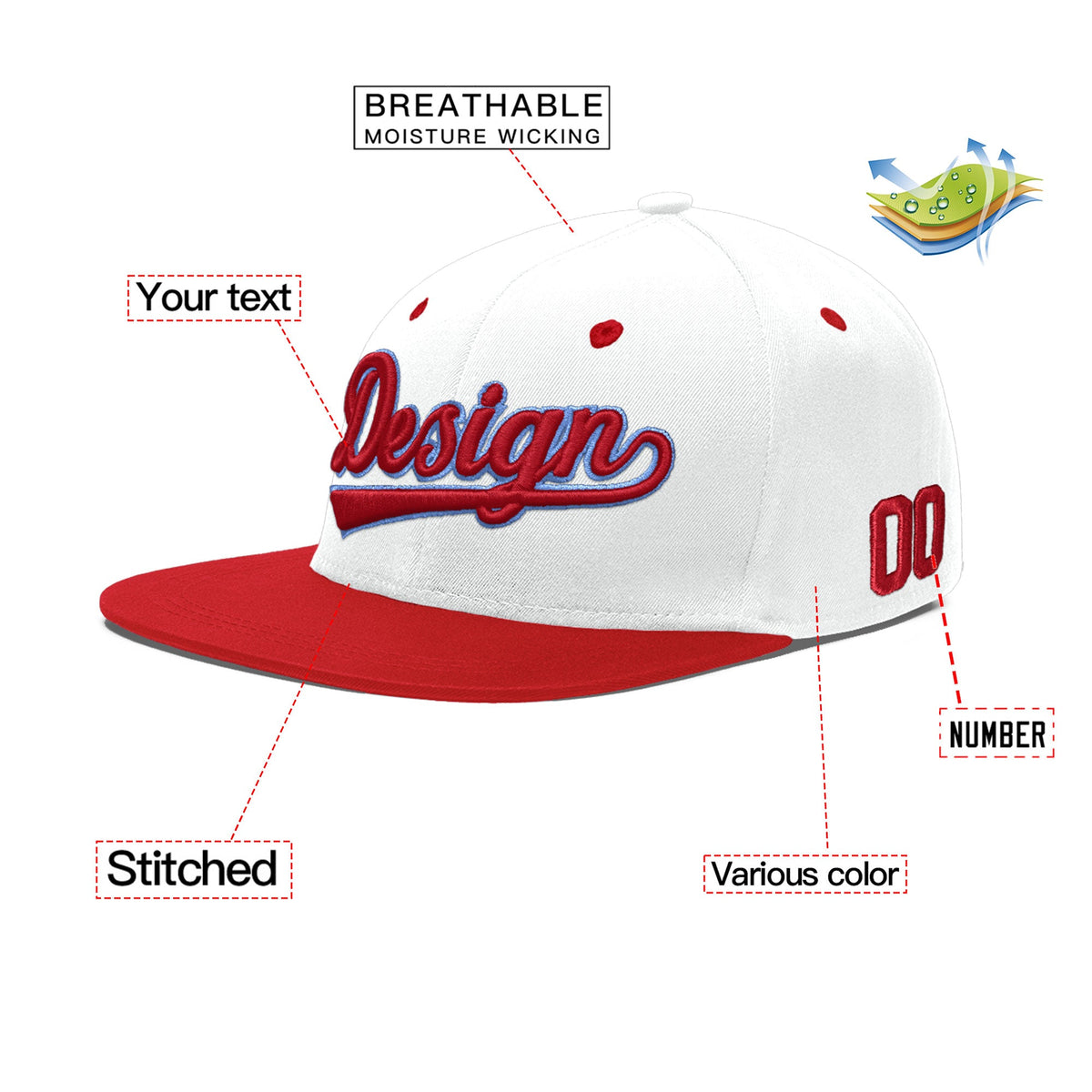 Custom White Red Light Blue 3D Puff Embroidery Flat Embroidery Casual Sport Hats| KXKSHOP