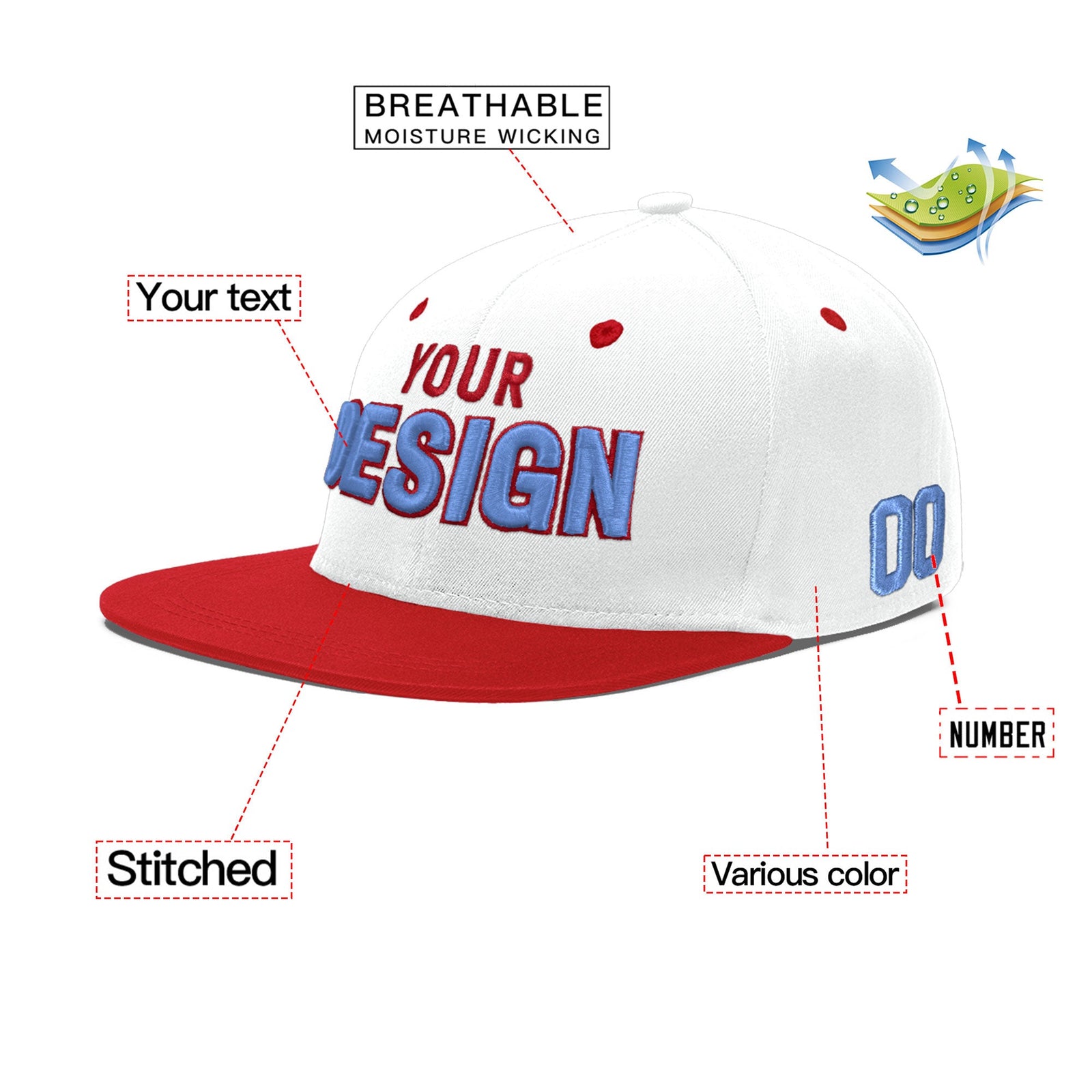 Custom White Red 3D Puff Embroidery Flat Embroidery Casual Sport Hats| KXKSHOP