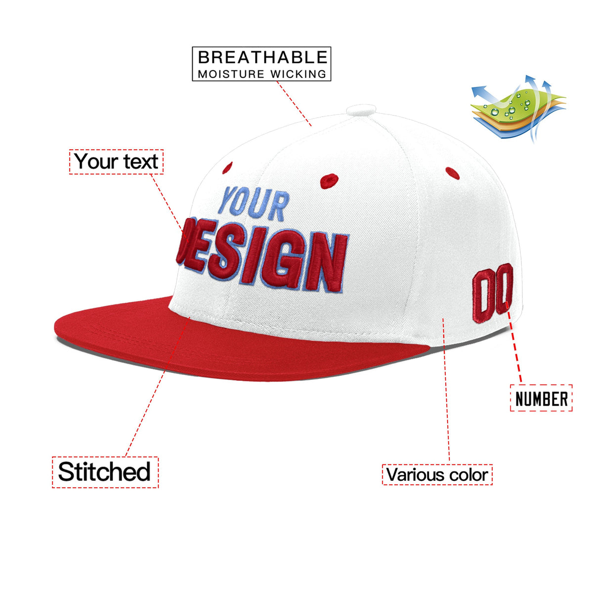 Custom White Red Light Blue 3D Puff Embroidery Flat Embroidery Casual Sport Hats| KXKSHOP