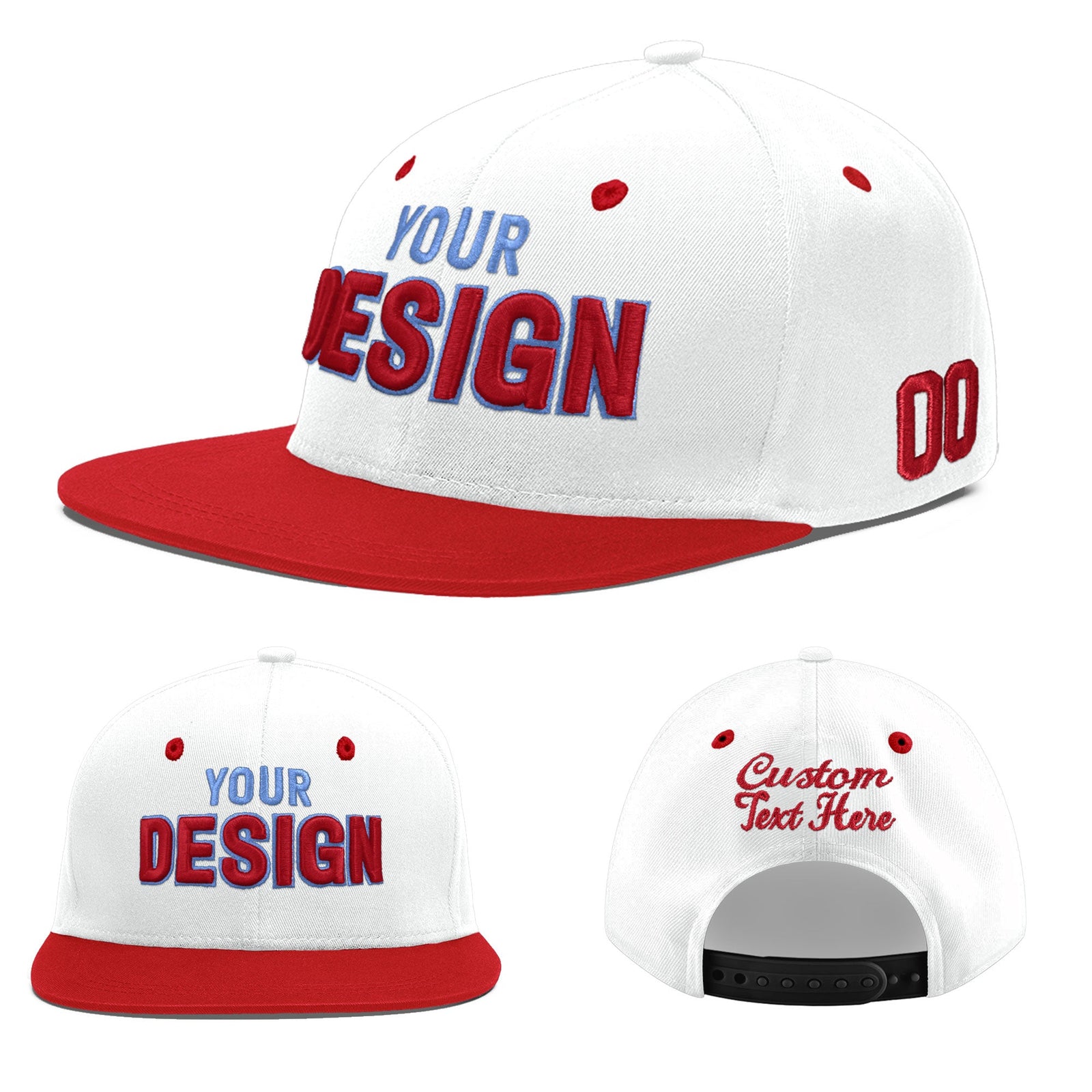 Custom White Red Light Blue 3D Puff Embroidery Flat Embroidery Casual Sport Hats| KXKSHOP
