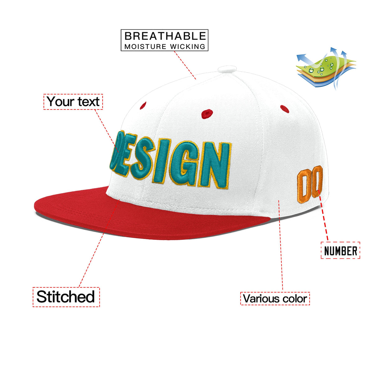 Custom White Red 3D Puff Embroidery Flat Embroidery Casual Sport Hats| KXKSHOP
