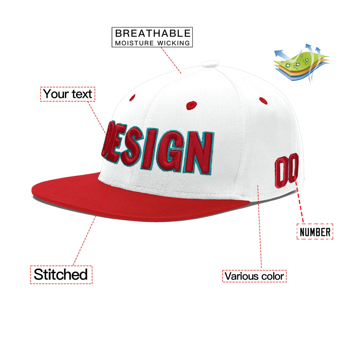 Custom White Red 3D Puff Embroidery Flat Embroidery Casual Sport Hats| KXKSHOP